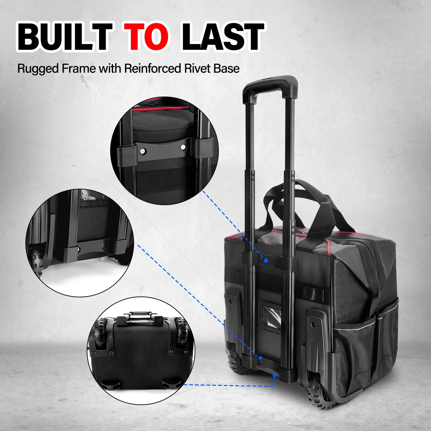 HAUTMEC 14.5" Rolling Tool Bag with Wheels, 25-Pocket Portable Tool Box Organizer with 600D Water-Resistant Fabric, Wide-Mouth Design, Oversized Wheels & Telescoping Handle - HT0179