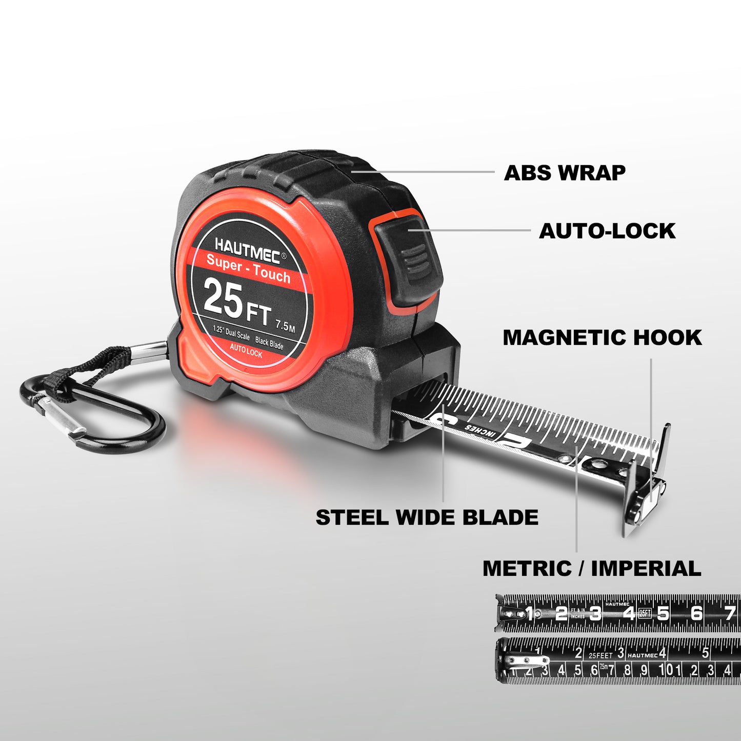 HAUTMEC Pro 25-Foot Tape Measure, 1.25-Inch Wide Carbon Steel Blade, Button Lock, Magnetic Hook, Dual-Sided Imperial/Metric Scale – Heavy-Duty for Contractors and Engineers, HT0283-TM