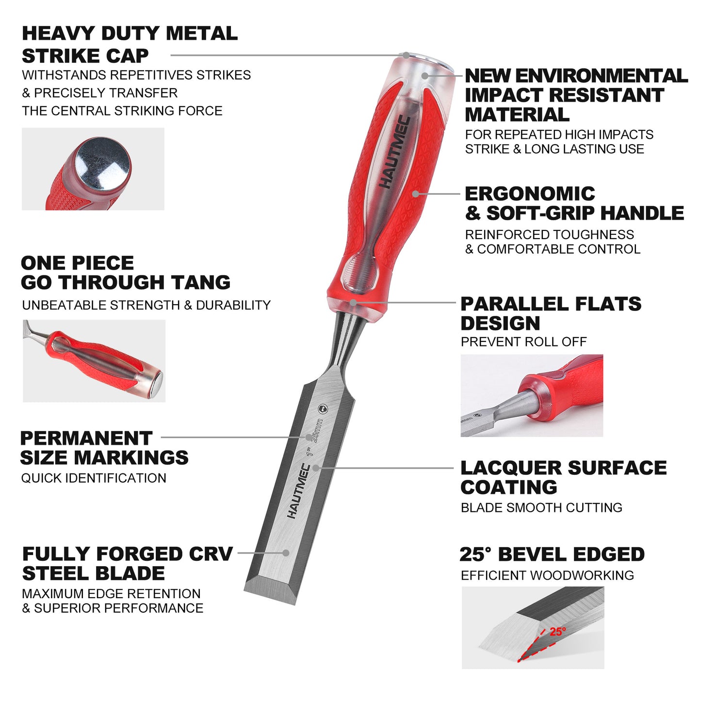 HAUTMEC 3-Piece Wood Chisel Set – High-Impact Drop-Forged CRV Steel, Fully Polished Beveled Edge Blades, Heavy-Duty Strike Cap & Extended Anti-Skid Handle – HT0364