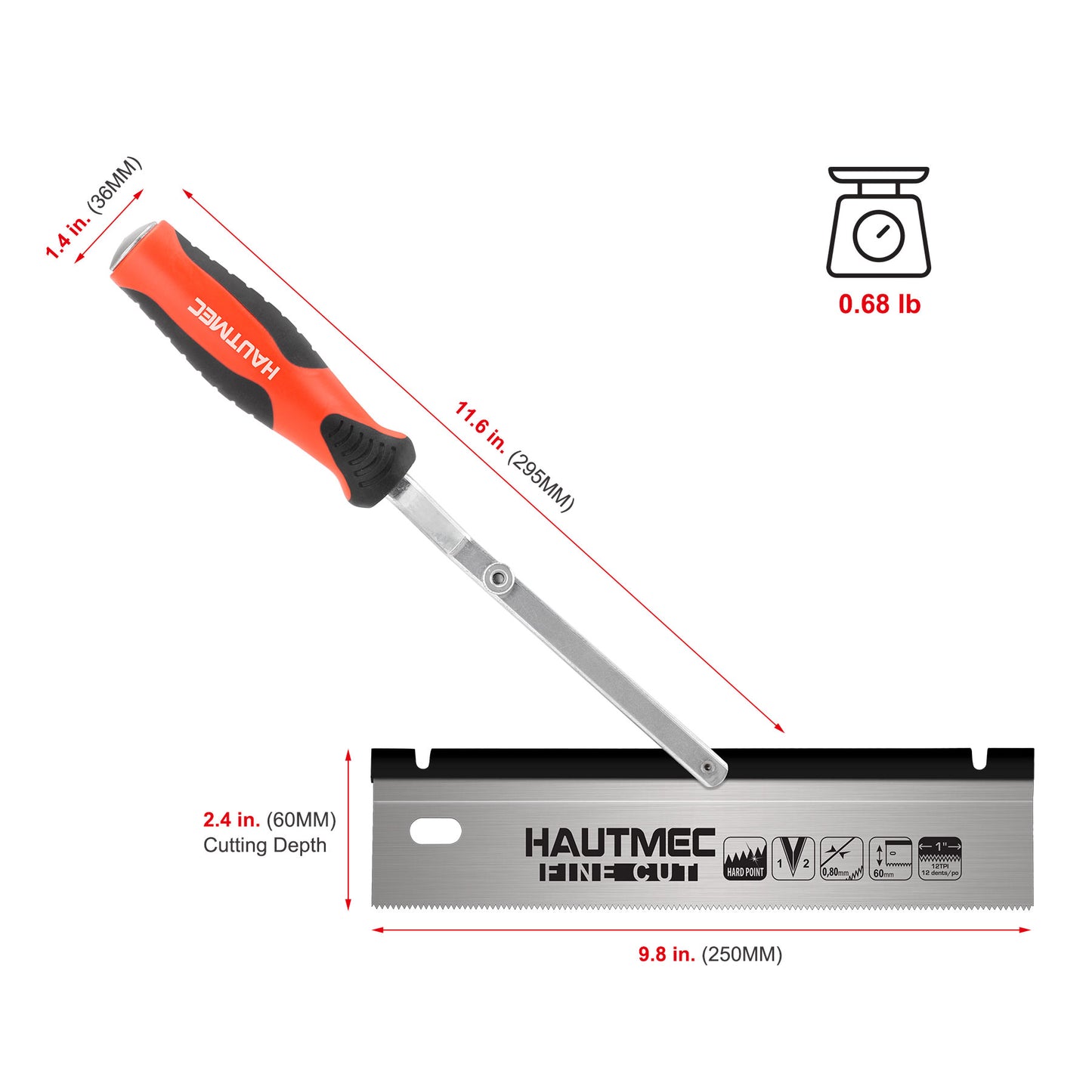 HAUTMEC 10" Reversible Dovetail/Jamb Saw, 12TPI Double Ground Teeth with Spring Loaded Design & Cranked Soft Handle for flush-cutting door jambs and millwork for tile installation and prep