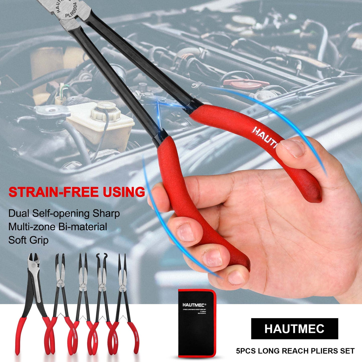 HAUTMEC 5Pcs 11Inch Heavy Duty Long Reach Pliers Set, Spring Loaded, Including Diagonal Cutting Pliers, Hose Gripping Pliers, Straight and 45/90 Degree Bent Long Nose Pliers HT0316