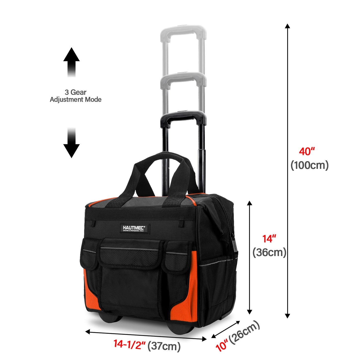 HAUTMEC 14.5" Rolling Tool Bag With Wheels Portable Tool Bag With Adjustable Telescoping Handle Wide Mouth Storage Organizer Perfect Mens Gifts, 600D Orange,HT0353