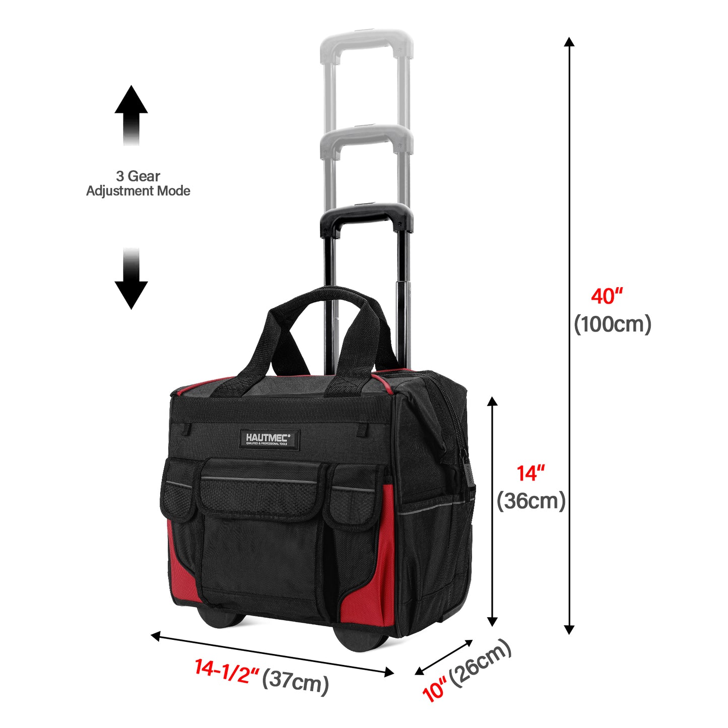 HAUTMEC 14.5" Rolling Tool Bag with Wheels, 25-Pocket Portable Tool Box Organizer with 600D Water-Resistant Fabric, Wide-Mouth Design, Oversized Wheels & Telescoping Handle - HT0179