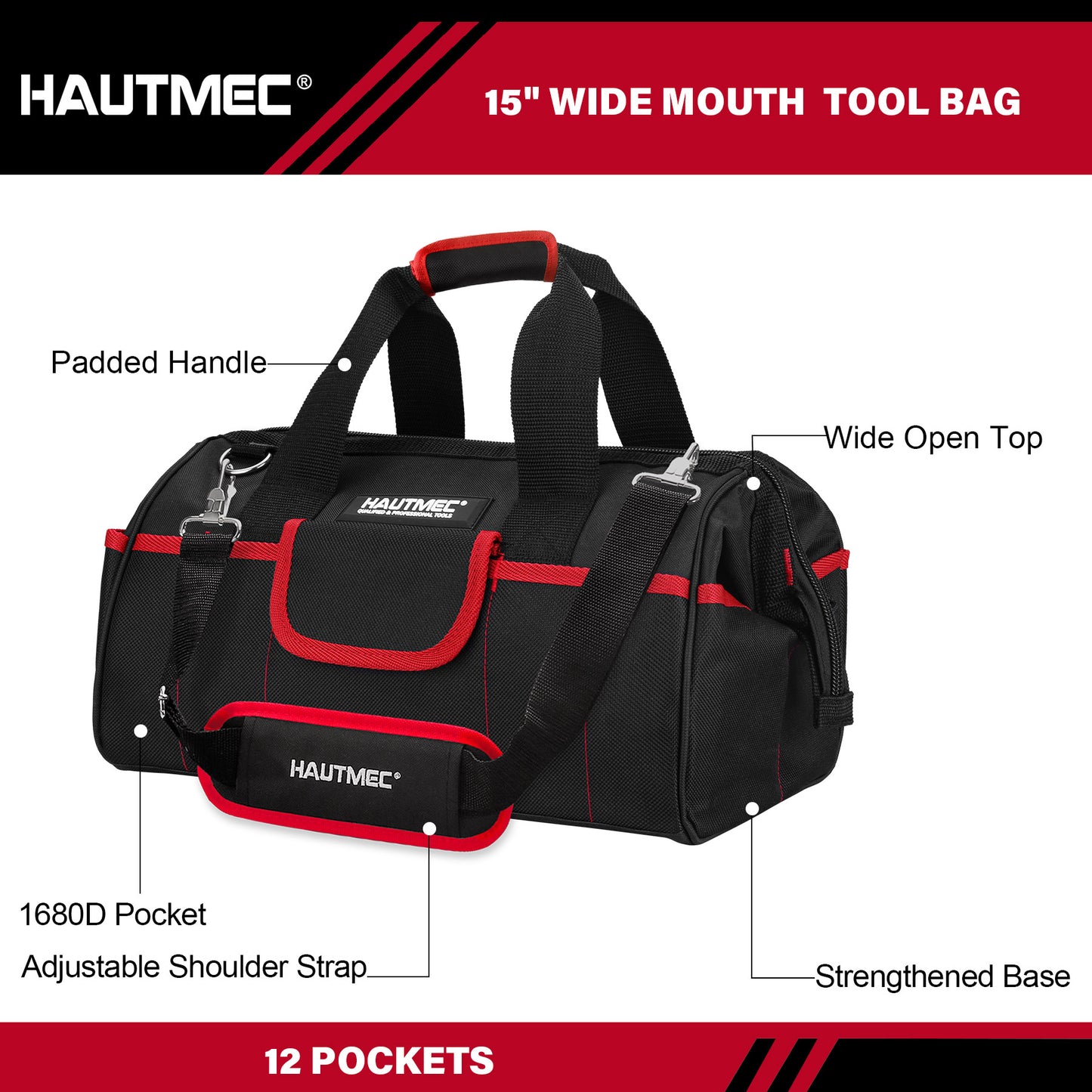 HAUTMEC 2-Piece Rolling Tool Bag Set, 15” Heavy-Duty Tool Bag with Wheels & 15" Wide Mouth Utility Bag, 1680D Water-Resistant Durable Tool Storage – HT0288