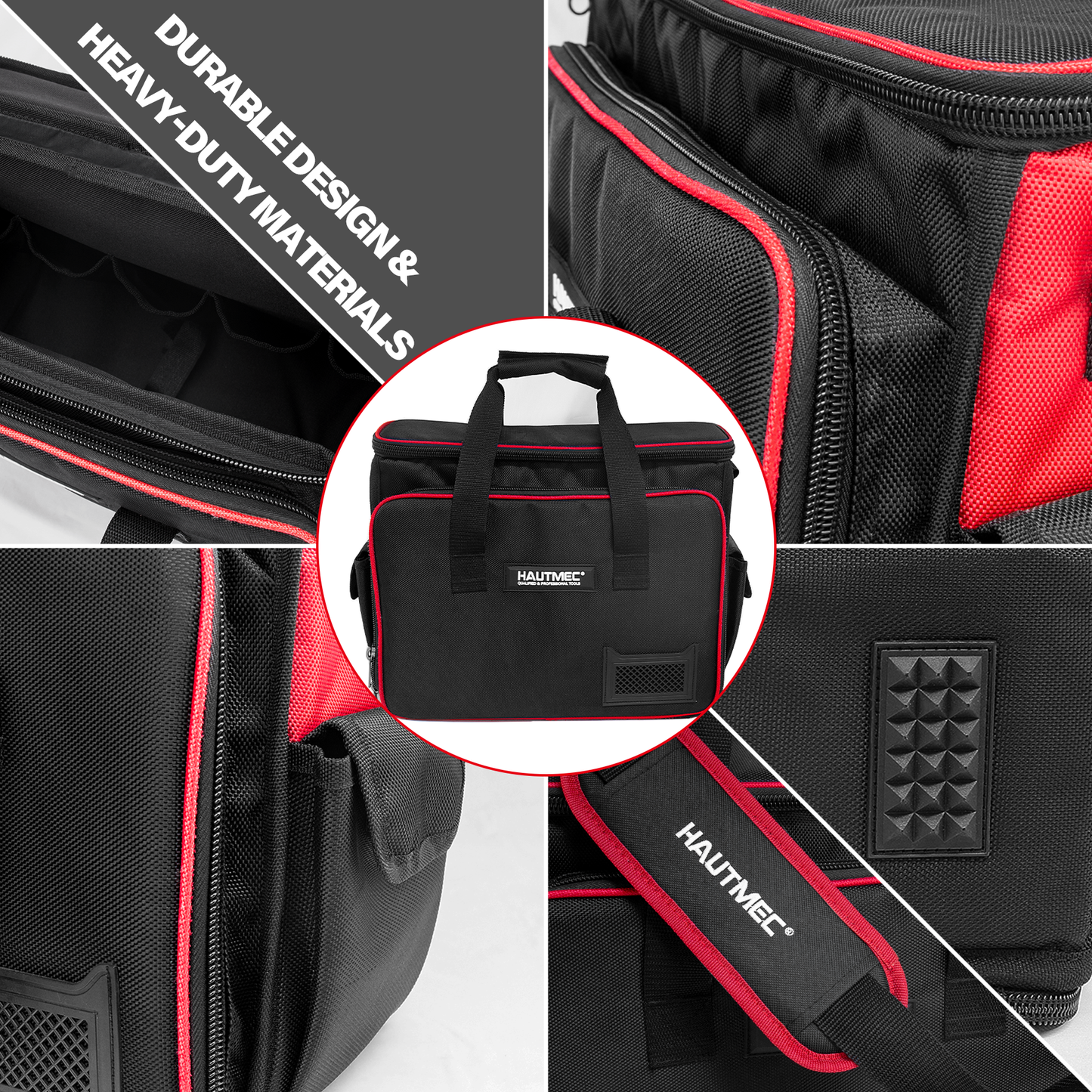HAUTMEC Heavy-Duty Tool Bag for Electricians & Technicians, 42-Pocket Work Tool Case with Laptop Compartment, 1680D Water-resistant Nylon, Adjustable Shoulder Strap, HT0408-TB