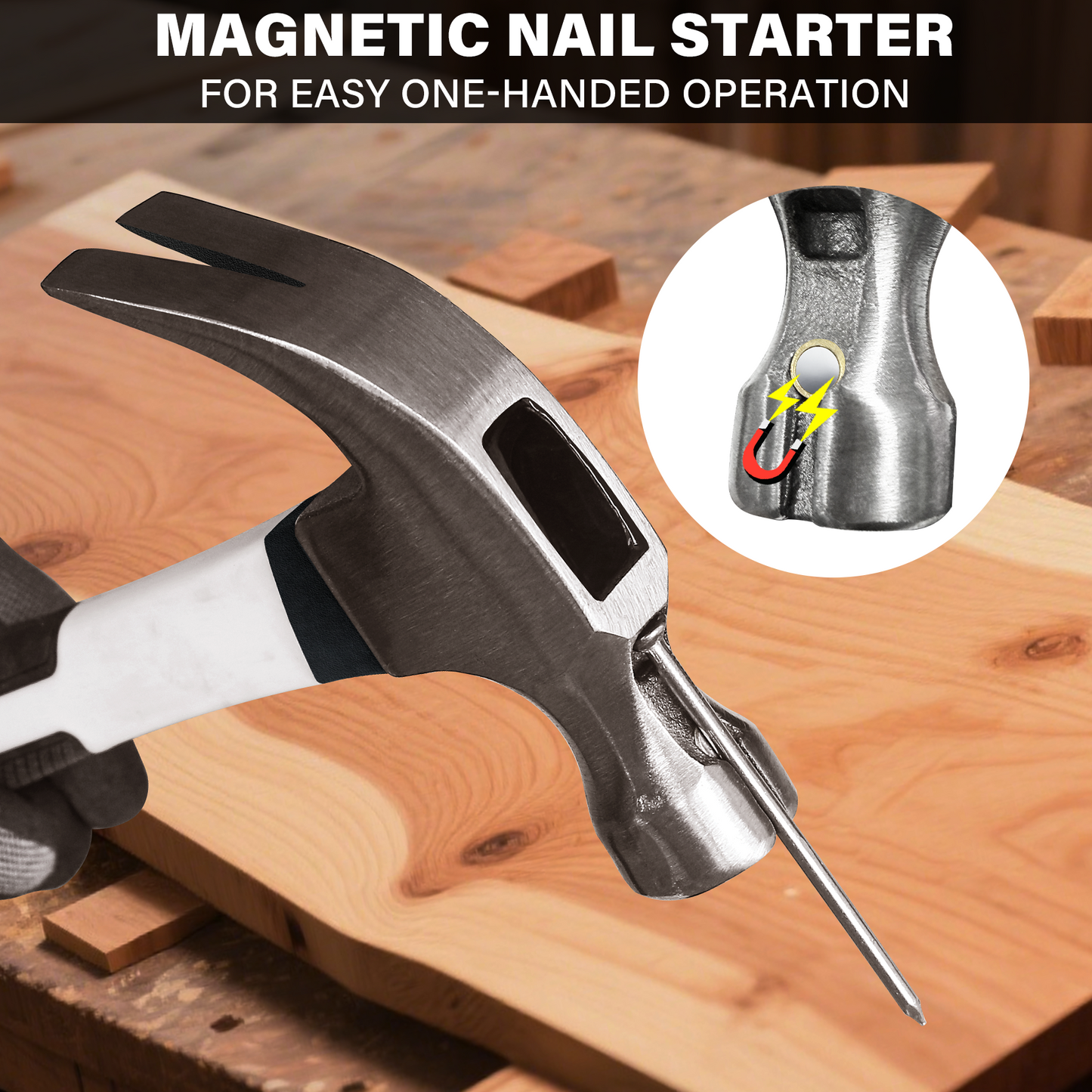 HAUTMEC 16 oz Claw Hammer, Drop Forged Claw Hammers with Magnetic Nail Holder and Firberglass Handle, Curved Jaw of Nail Puller, Smooth Face, HTMAM25003