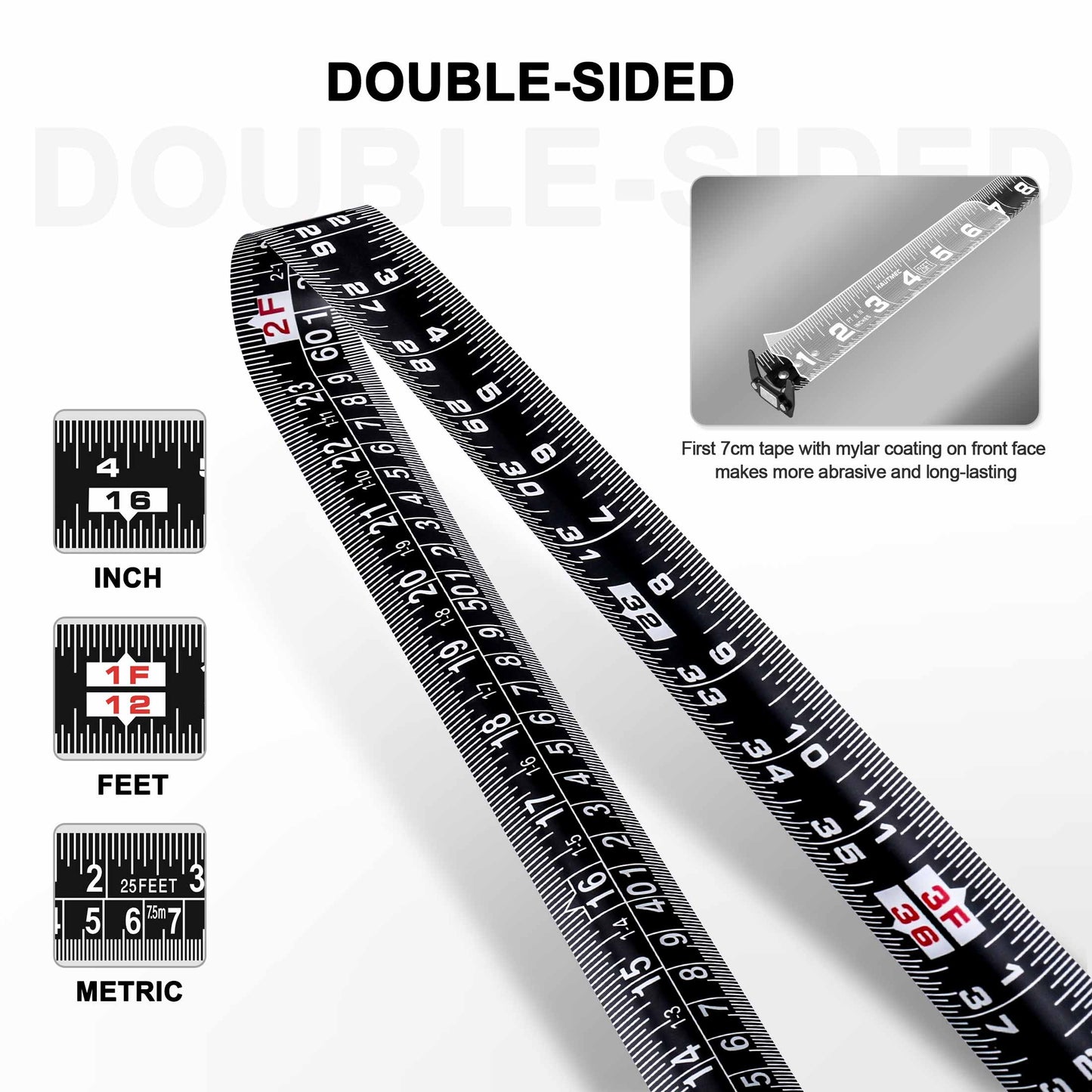 HAUTMEC 25Ft (7.5m) Heavy Duty AutoLock Black Tape Measure, 1 1/4" Wide Black Rigid Blade, Dual Sided Rule Print for Construction, Carpenter, Professionals HT0283-TM
