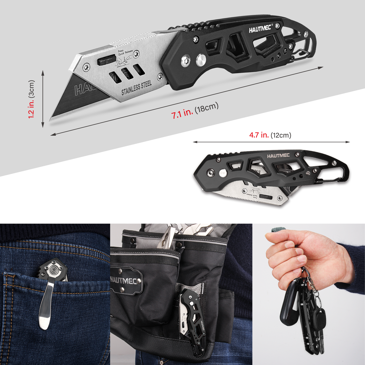 HAUTMEC Folding Utility Knife with 10-Pack SK2H Blades, Heavy-Duty Aluminum Alloy Box Cutter with Belt Clip, Carabiner, Quick-Change Blades & Safety Lock – HTUCH25002