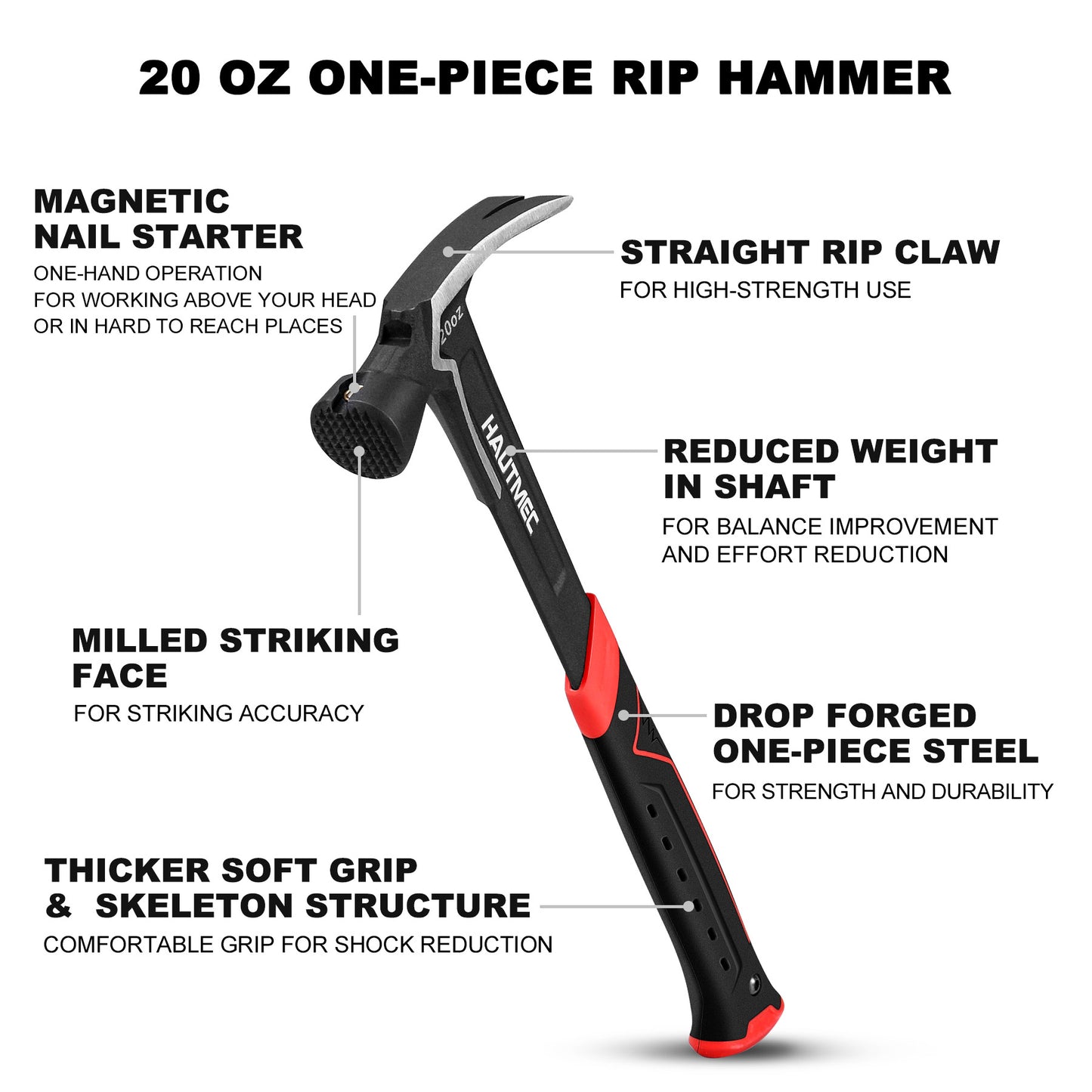 HAUTMEC 20 oz. One Piece Forged Framing Hammer With Straight Rip Claw, Milled Face, Shock-Absorbing Grip, with Magnetic Nail Holder, HT0371-HM