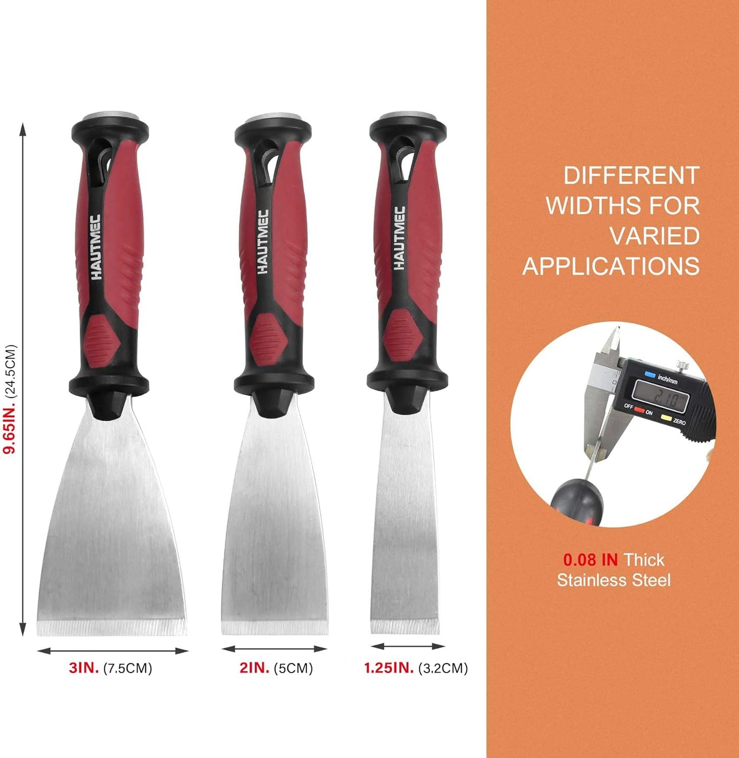 HAUTMEC 3pc Putty Knife Set, 1.25 in - 2 in - 3 in Paint Scraper, Flat Heavy Duty Stainless Steel Blade and Hammer End for Removing Wallpaper for Puttying Plaster, Cement HT0062