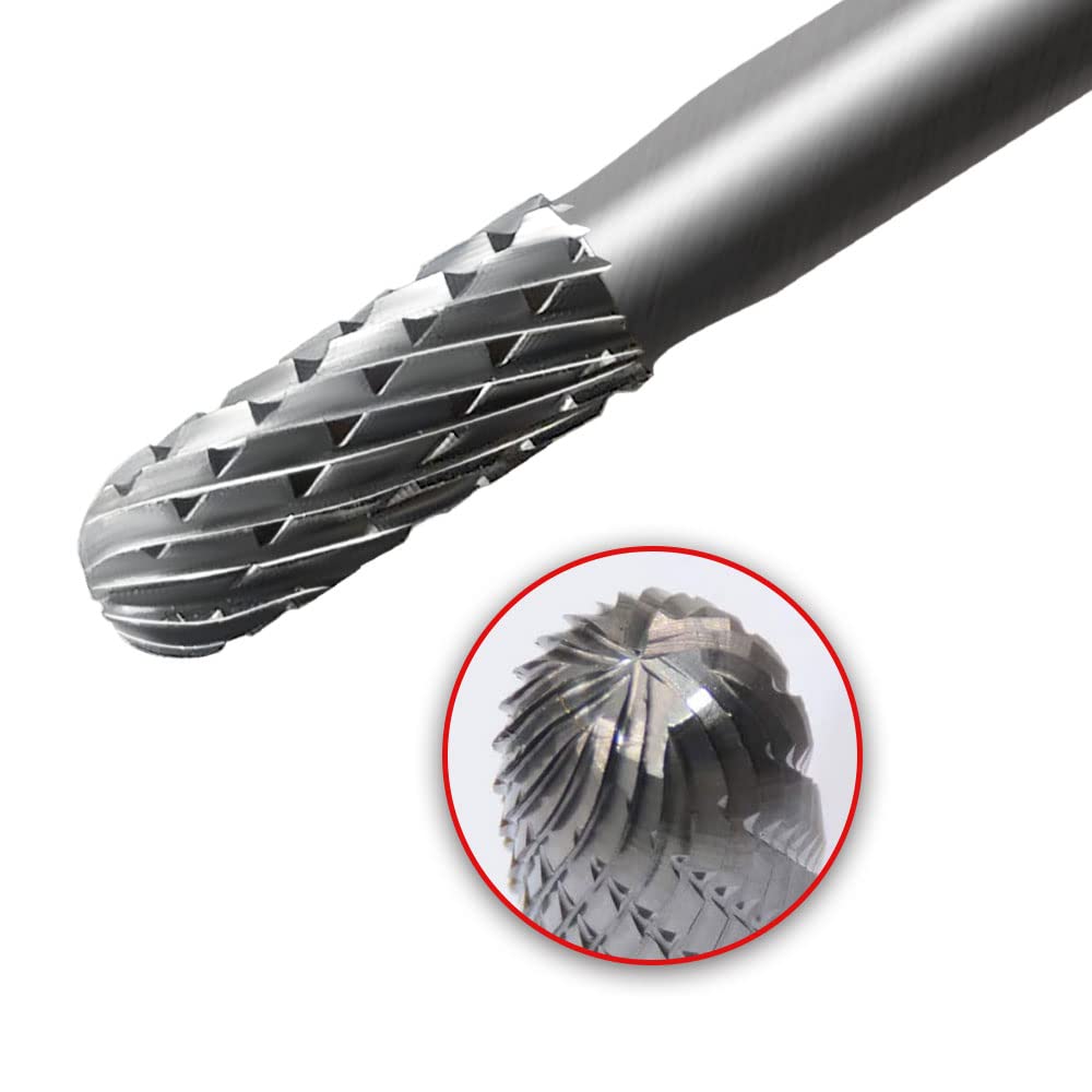 HAUTMEC Pro Ball Nosed Cylinder Tungsten Rotary File Carbide Burr 1/4" shank,1/4" head size Double Cut for Die Grinder Bit Woodworking,Drilling, Metal Carving, Engraving, Polishing HT0198-MC