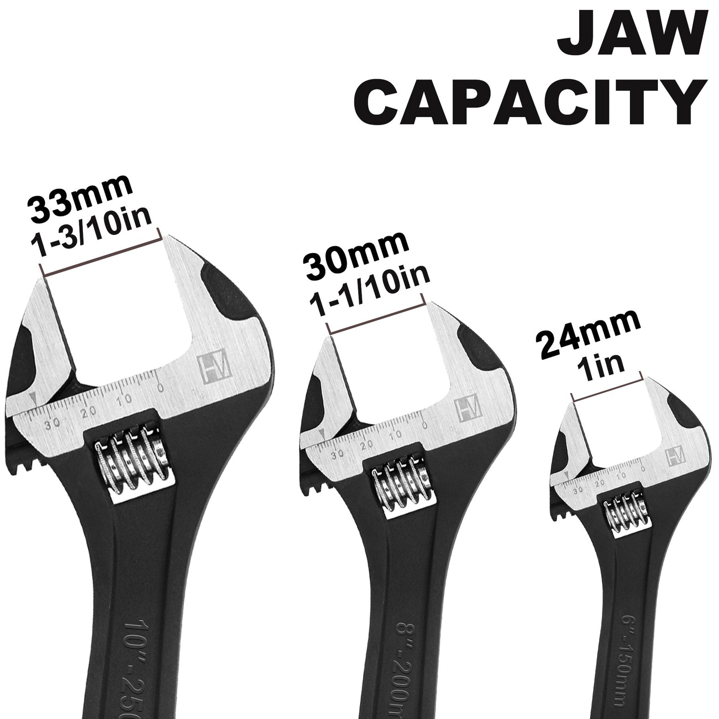 HAUTMEC 3PCS Adjustable Wrench Set Extra Wide Jaw Black Finish Adjustable Wrenches Drop-Forged CR-V Steel Metric & SAE Scales 6 in. 8 in. 10 in. for Home Garage Workshop DIY,HT0422