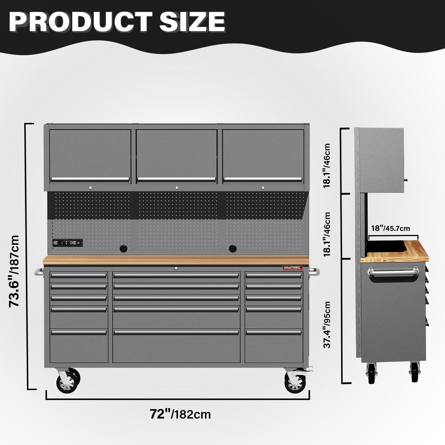 HAUTMEC 72-Inch Rolling Tool Chest with 51 PCS Pegboard Hooks & ETL-Certified Power Strip, Mobile Garage Workbench with 15 Drawers, 3 Upper Cabinets, Pegboard & Heavy-Duty Oak Work Surface HT0428-TC