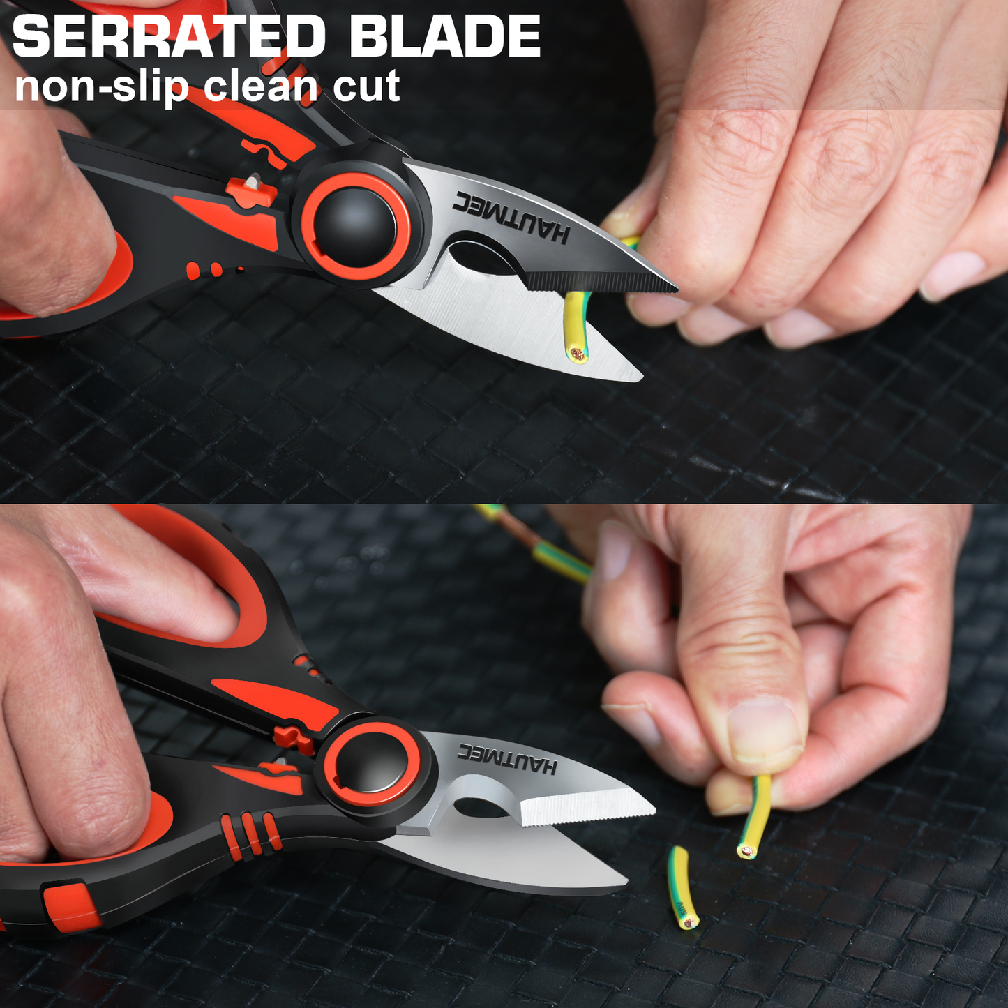 HAUTMEC Electrician Scissor, 6-1/4" Professional Electrician Shears with Stainless Serrated Blade, Cable Shears With Crimp, Notch Blade With Sheath, Comfortable Reinforced Fiberglass Handle,HT0416