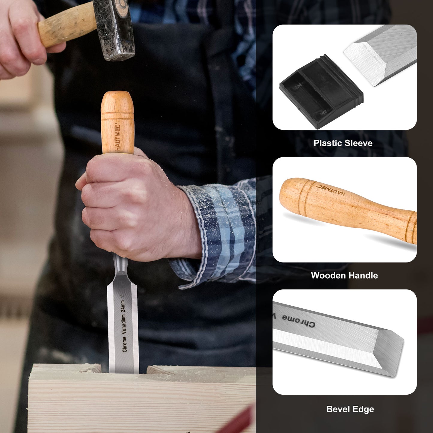HUATMEC Wood Chisels Set of 4, Carbon Steel Beveled Edge Blade, Beech Handle for Woodingworking and Carving HT0315