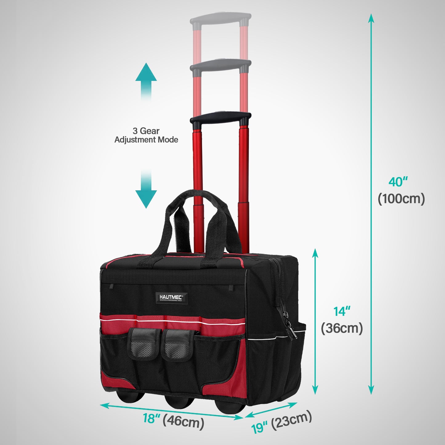 HAUTMEC 18" Rolling Tool Bag with Wheels, 23-Pocket Portable Tool Box Organizer with 600D Water-Resistant Fabric, Wide-Mouth Design, Oversized Wheels & Telescoping Handle -HTTBM25004