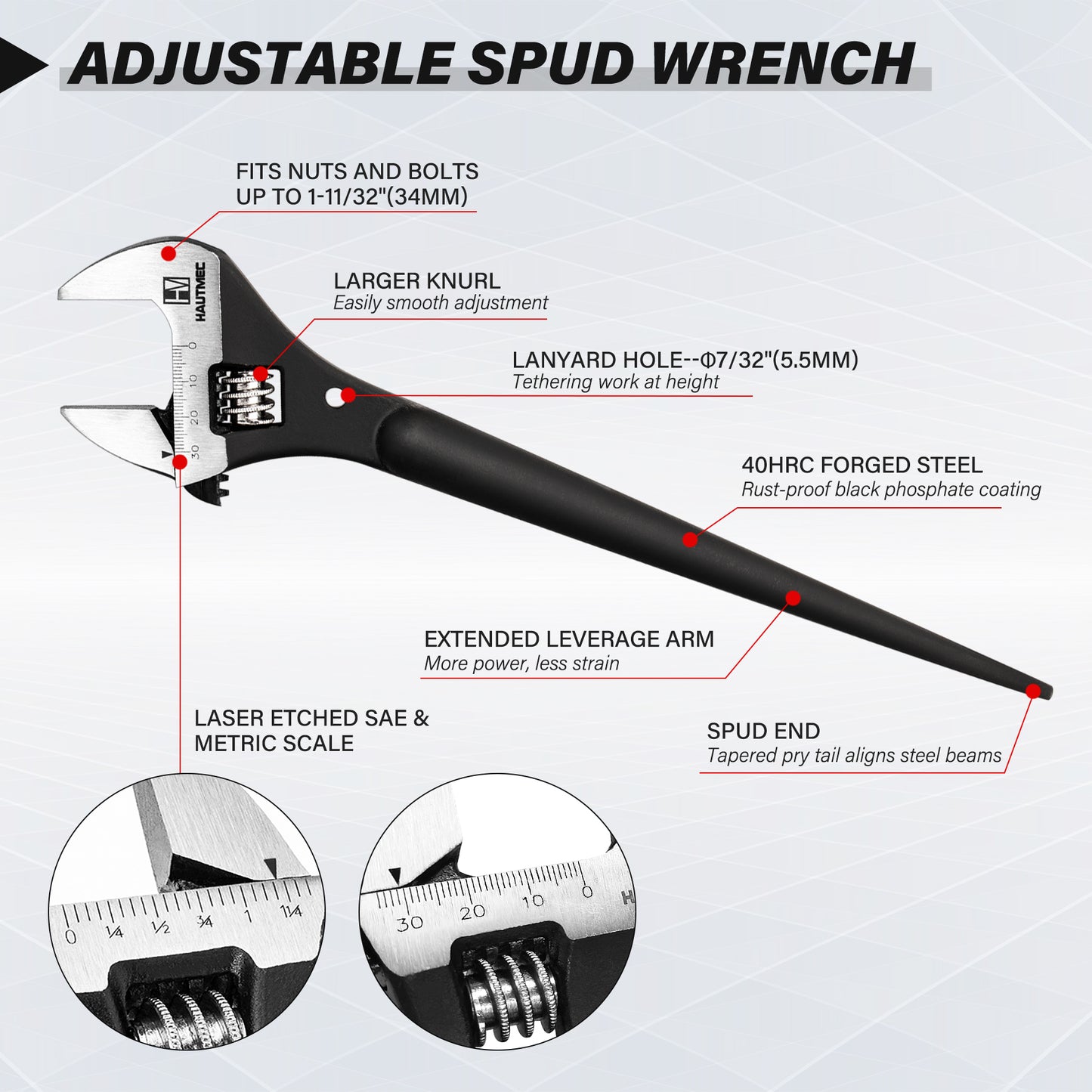 HAUTMEC 12" Spud Ratchet Wrench Set(3 PCS), Includes 3/4" x 7/8" Dual Socket Scaffold Ratchet Wrench with Hammer Function, 3/8" x 1/2" Dual Head Ratchet, and Adjustable Spud Wrench HTASM25021