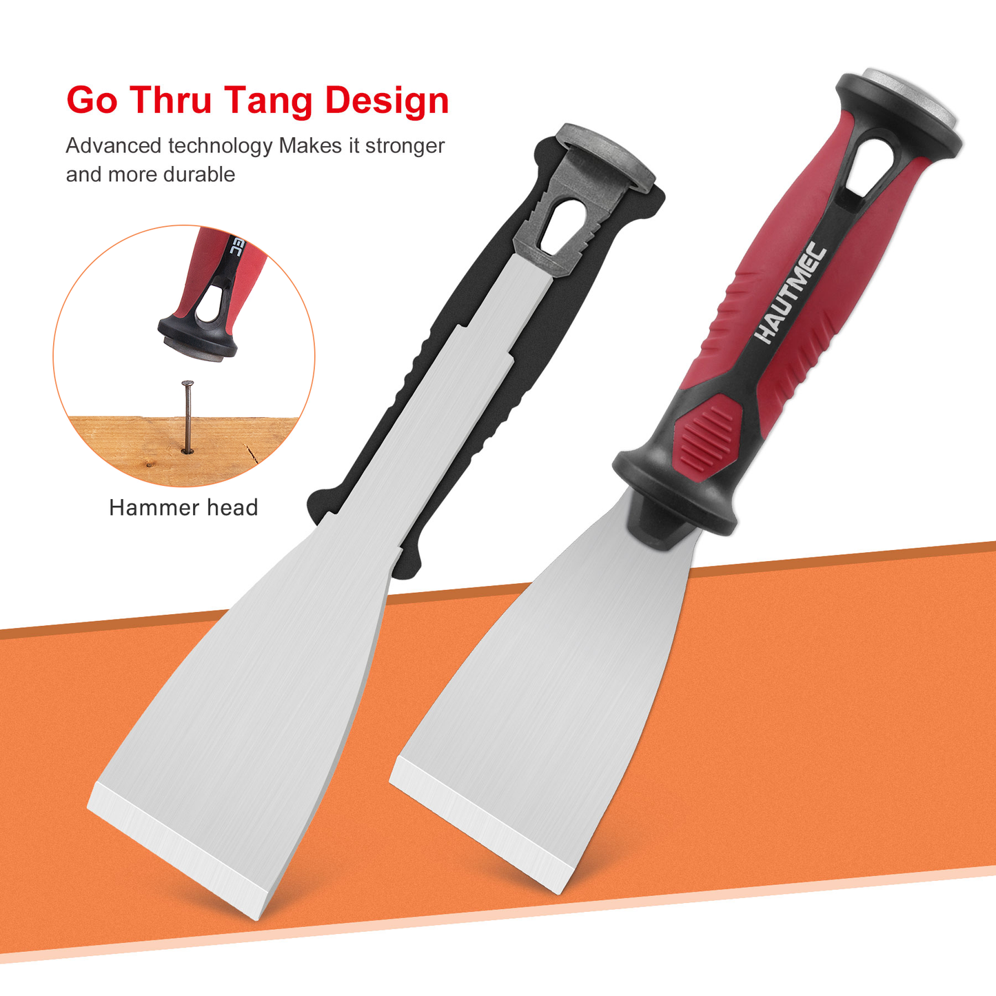 HAUTMEC 3pc Putty Knife Set, 1.25 in - 2 in - 3 in Paint Scraper, Flat Heavy Duty Stainless Steel Blade and Hammer End for Removing Wallpaper for Puttying Plaster, Cement HT0062