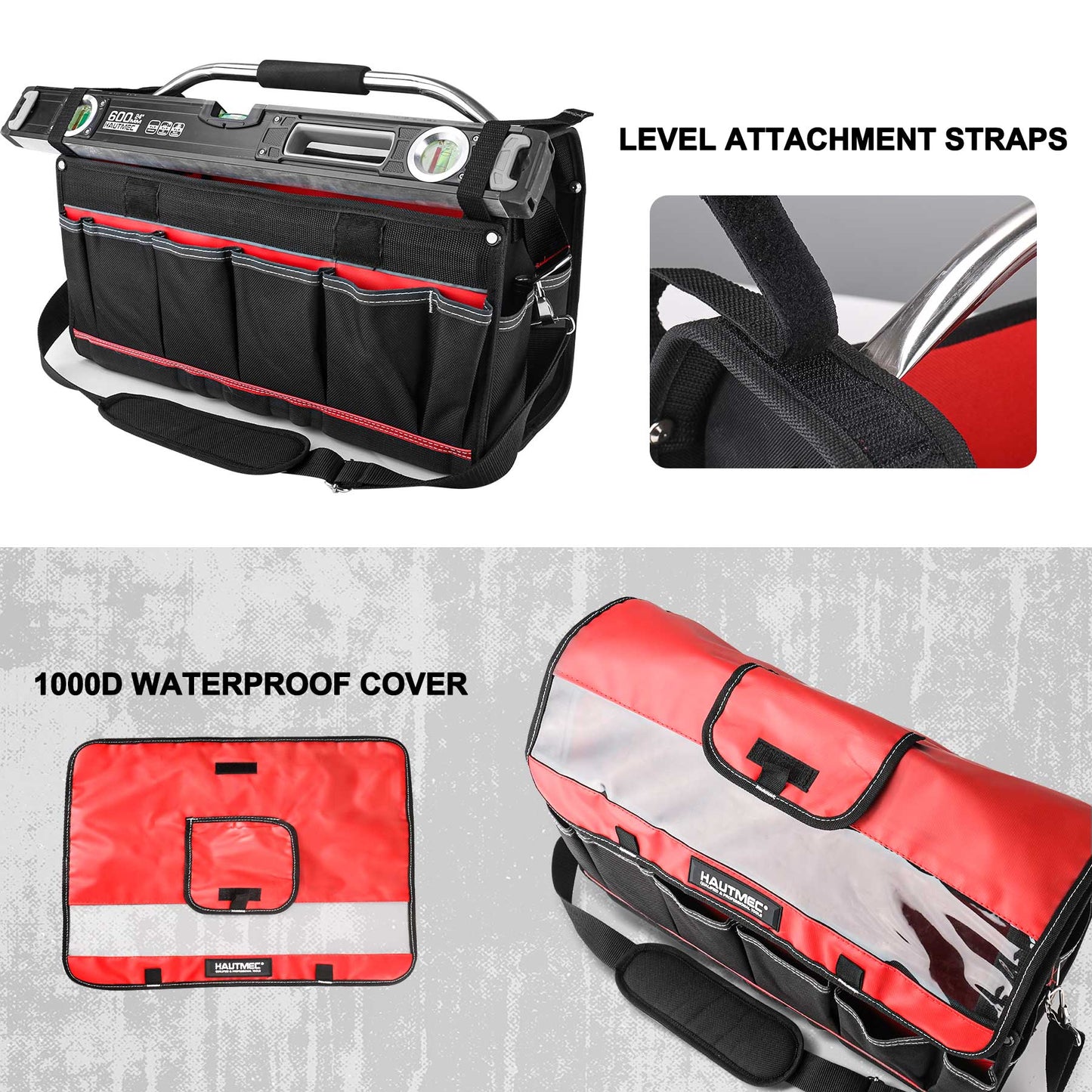 HAUTMEC 20-Inch Pro Tool Tote,Heavy Duty Wide Mouth Open Top Tool Bag with 1000D Waterproof Cover and Ajustable Shoulder Strap for Tool Organizer HT0296