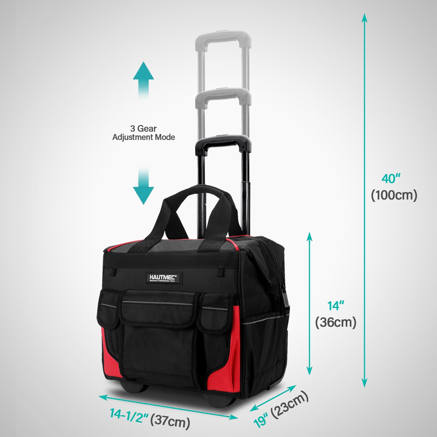 HAUTMEC 14.5" Rolling Tool Bag with Wheels, 25-Pocket Portable Tool Box Organizer with 600D Water-Resistant Fabric, Wide-Mouth Design, Oversized Wheels & Telescoping Handle - HT0179