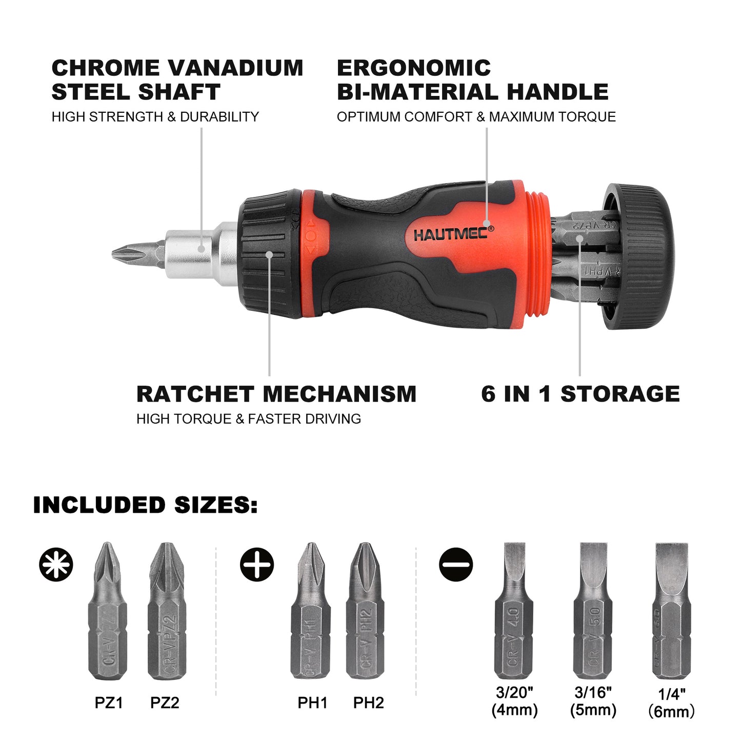 HAUTMEC 7-in-1 Stubby Ratcheting Screwdriver Set, Multi Screwdriver Tool All in One, Ratchet Short Screwdriver Set with Multi Bit Screw Driver for Use in Confined Space, Chrome Vanadium Steel Shaft HT0448