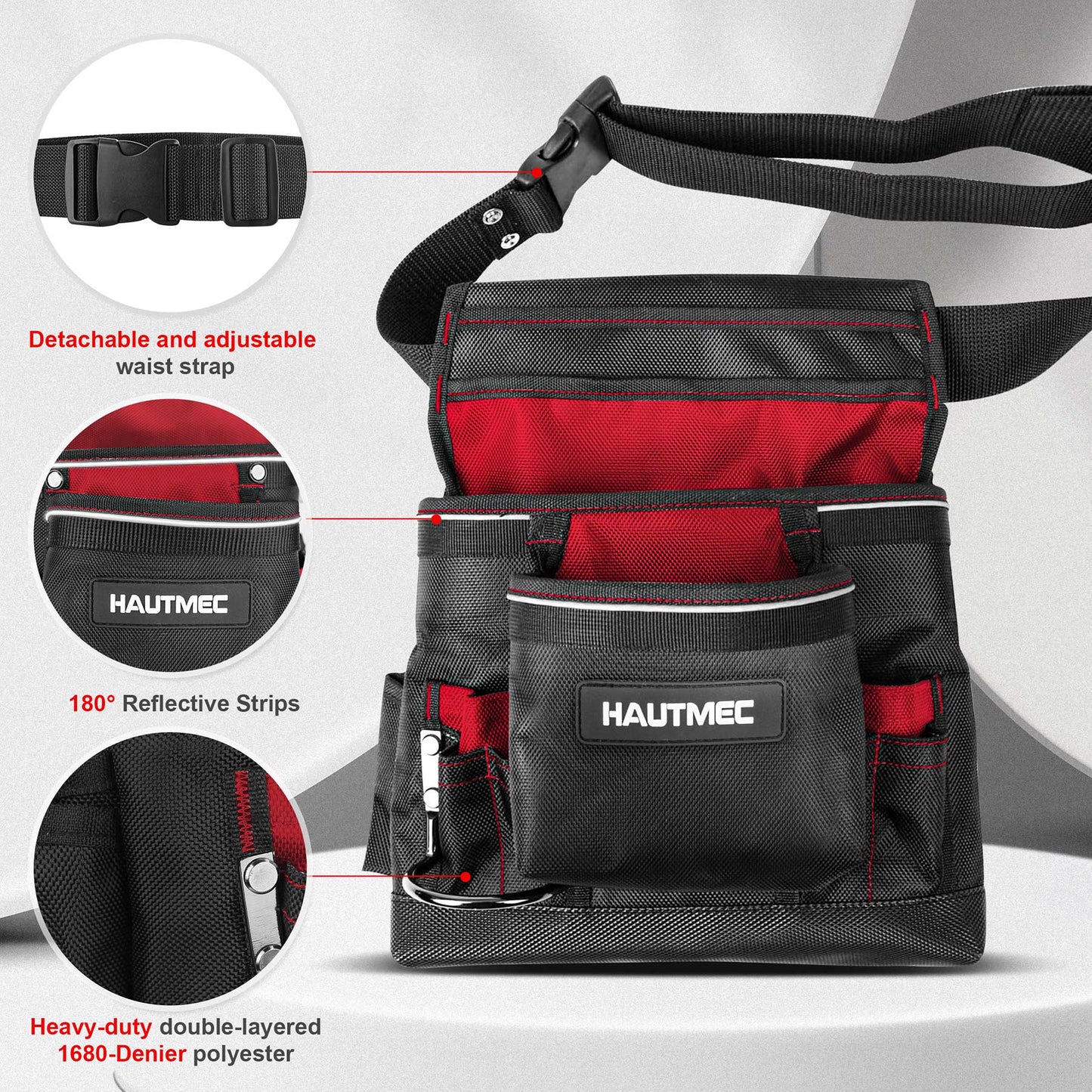 HAUTMEC Heavy Duty Framing Tool Belt Electrician Tools Pouch Organizer Work Belts For Men, 12-Pocket 1680D Tool Bag with Waist Strap Hammer Holder and 360°Reflective Strips, Black & Red HT0220-TBR