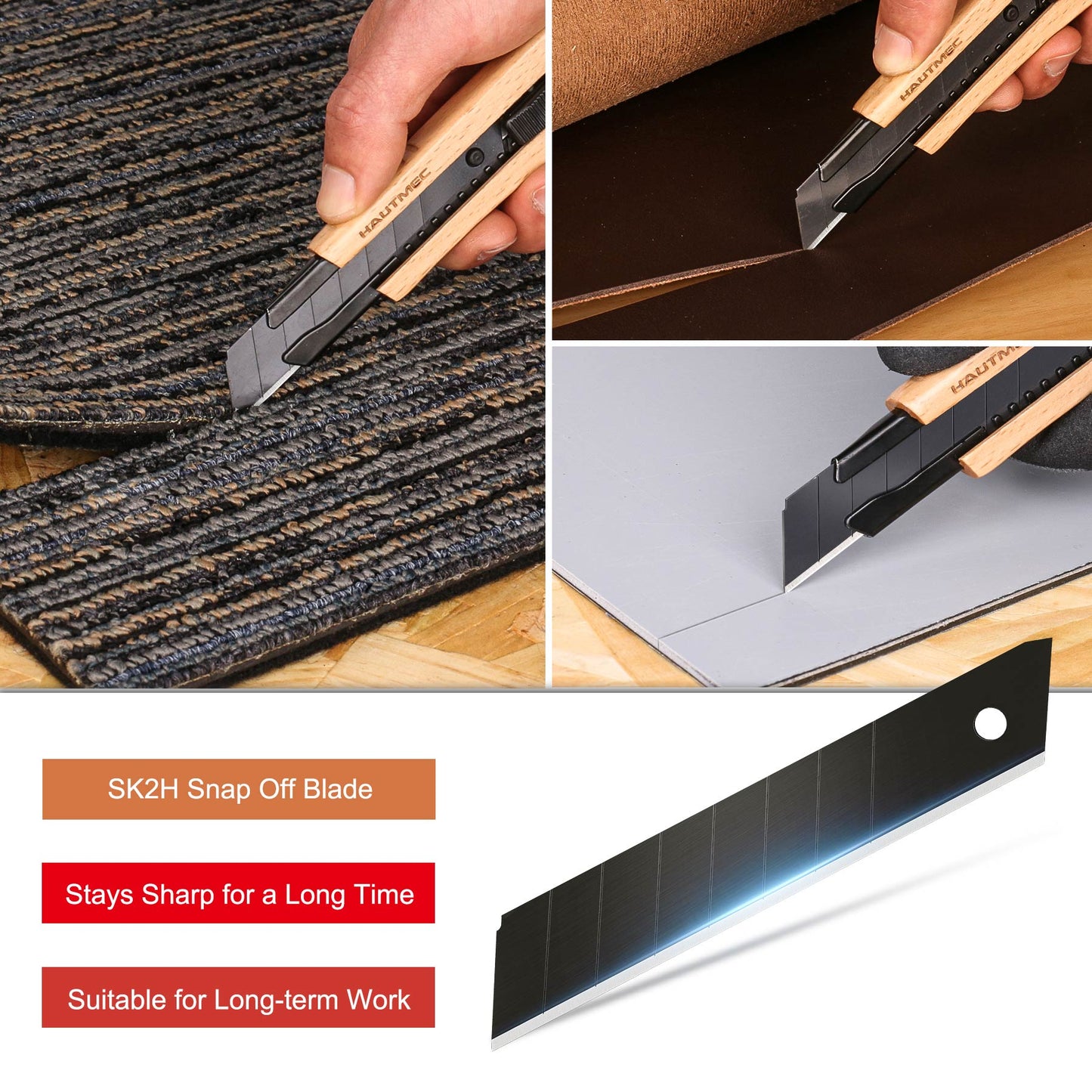 HAUTMEC 18mm Retractable Utility Knife Wooden Handle, Heavy Duty Box Cutter Autolock and Snap off with SK2H Ultra Sharp Black Blade, Wooden Recyclable Handle Design, HT0352-KN