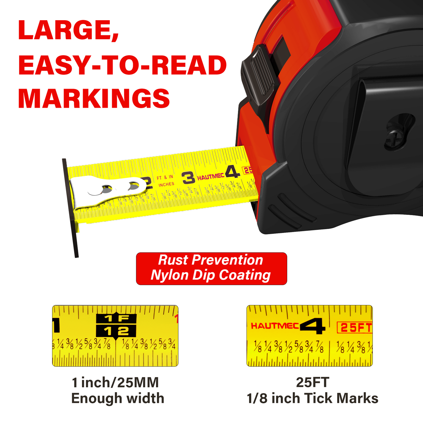 HAUTMEC 25FT Tape Measure 6 Pack Bulk with Magnetic Hook & Fractions - Professional Measuring Tape for Construction, Carpentry, DIY,HTMEM25001
