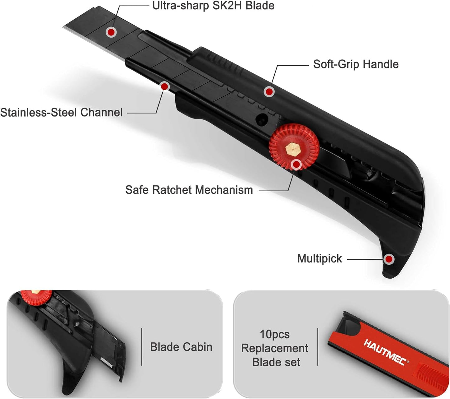 HAUTMEC 18mm Heavy Duty Utility Knife with Multi-Pick and 10pcs Blade set, Snap Off Ultra-Sharp Black Retractable Box Cutter, Ratchet & Soft-grip Cutter HT0249-KN