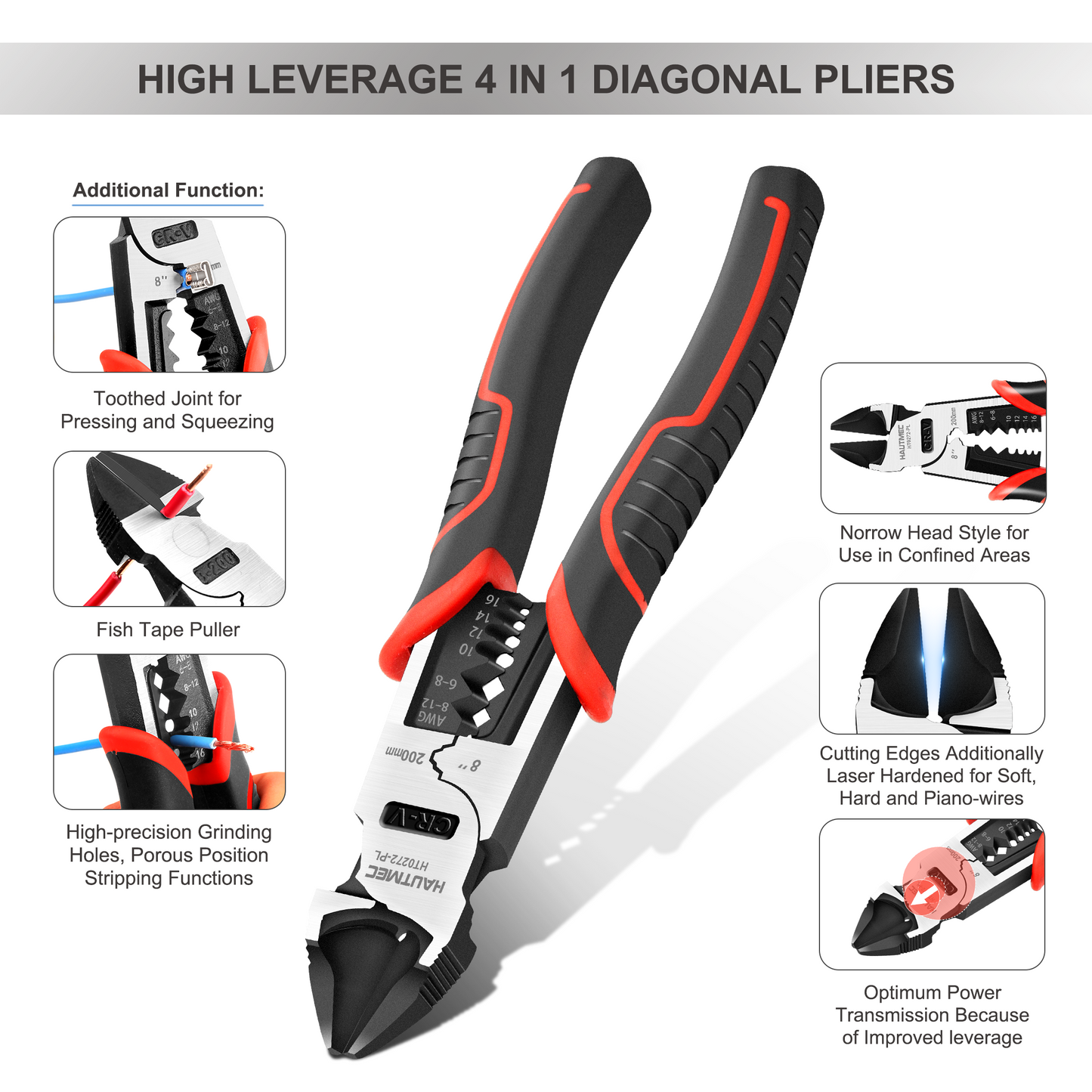 HAUTMEC 8" Wire Cutters,Pro-High Leverage Diagonal Pliers,4 in 1 Multifunction Heavy Duty Side Cutter HT0272-PL
