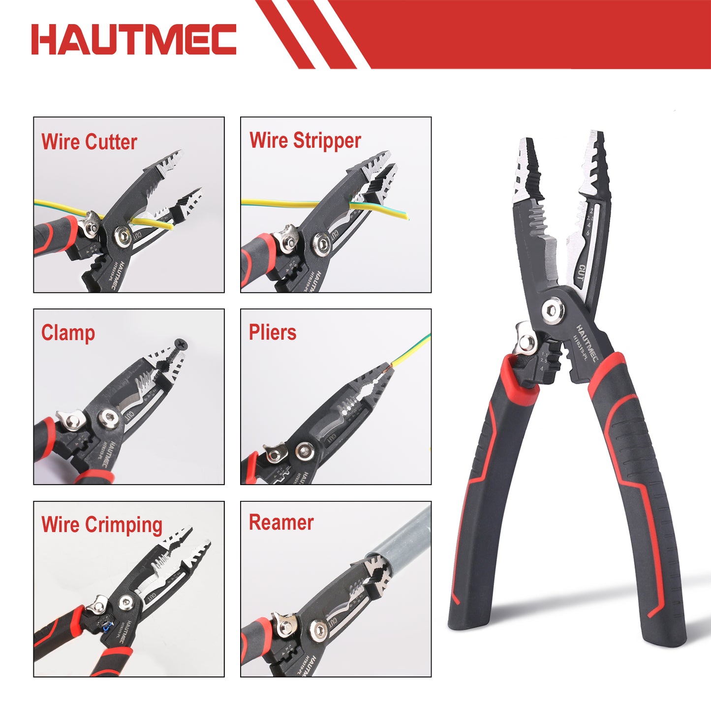 HAUTMEC Forged Wire Stripper Pliers 8", Compact Design, Multifuncion Electrical Tool: Pliers,Stripper, Cable Cutter, Crimper HT0319-PL