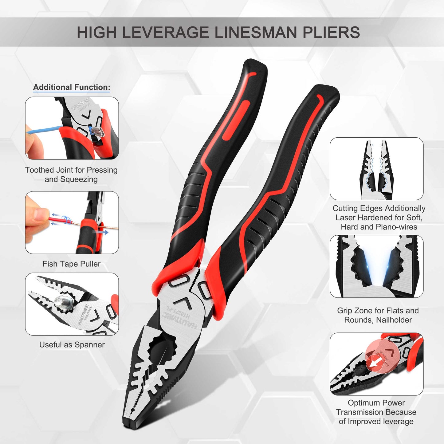 HAUTMEC 9" Linesman Pliers,High Leverage Combination Pliers Multifunctional Heavy Duty Lineman Tools HT0271-PL