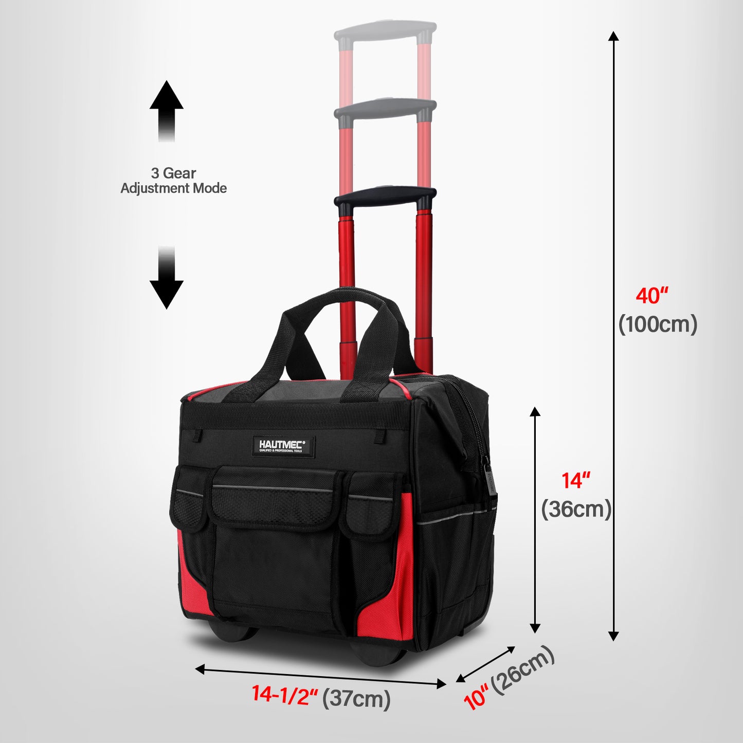 HAUTMEC 14.5" Rolling Tool Bag with Wheels, 25-Pocket Portable Tool Box Organizer with 600D Water-Resistant Fabric, Wide-Mouth Design, Oversized Wheels & Telescoping Red Handle -HTTBM25005