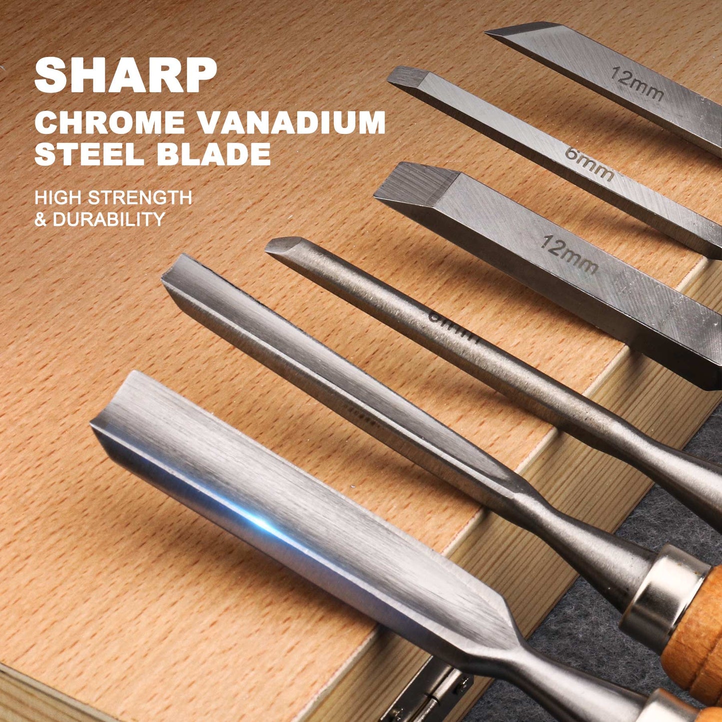 HAUTMEC 7-Piece Wood Chisel Set with Wooden Mallet, CR-V Steel Beveled Gouge Tools with Beech Handles and Storage Box, Wood Carving Kit for Woodworking & DIY - HT0393
