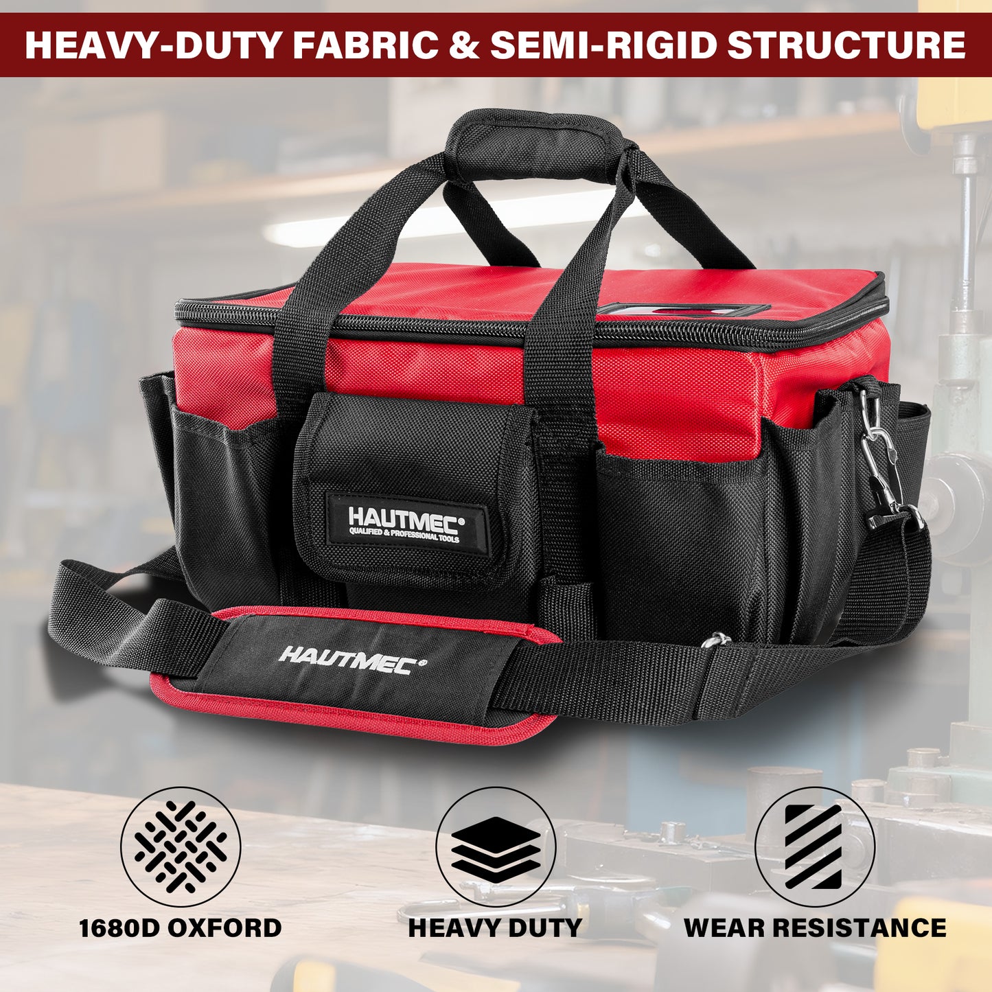 HAUTMEC Heavy Duty Tool Bag Case 14.5 Inch, 1680D Oxford Fabric & EVA Reinforced Hard Bottom, Wide Opening with Removable Dividers, Multi-Pocket Organizer with Padded Strap & Trolley Sleeve - HT0401