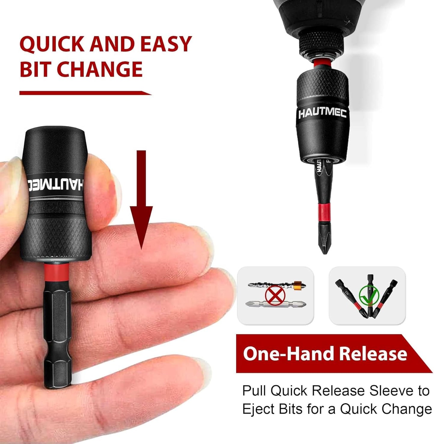 HAUTMEC 1/4 Inch Impact Tough Quick Change Bit Holder - One Touch Mechanism for Quick Release for Screwdriver Bits Nuts Drills Maintenance and repairing HT0162-SH