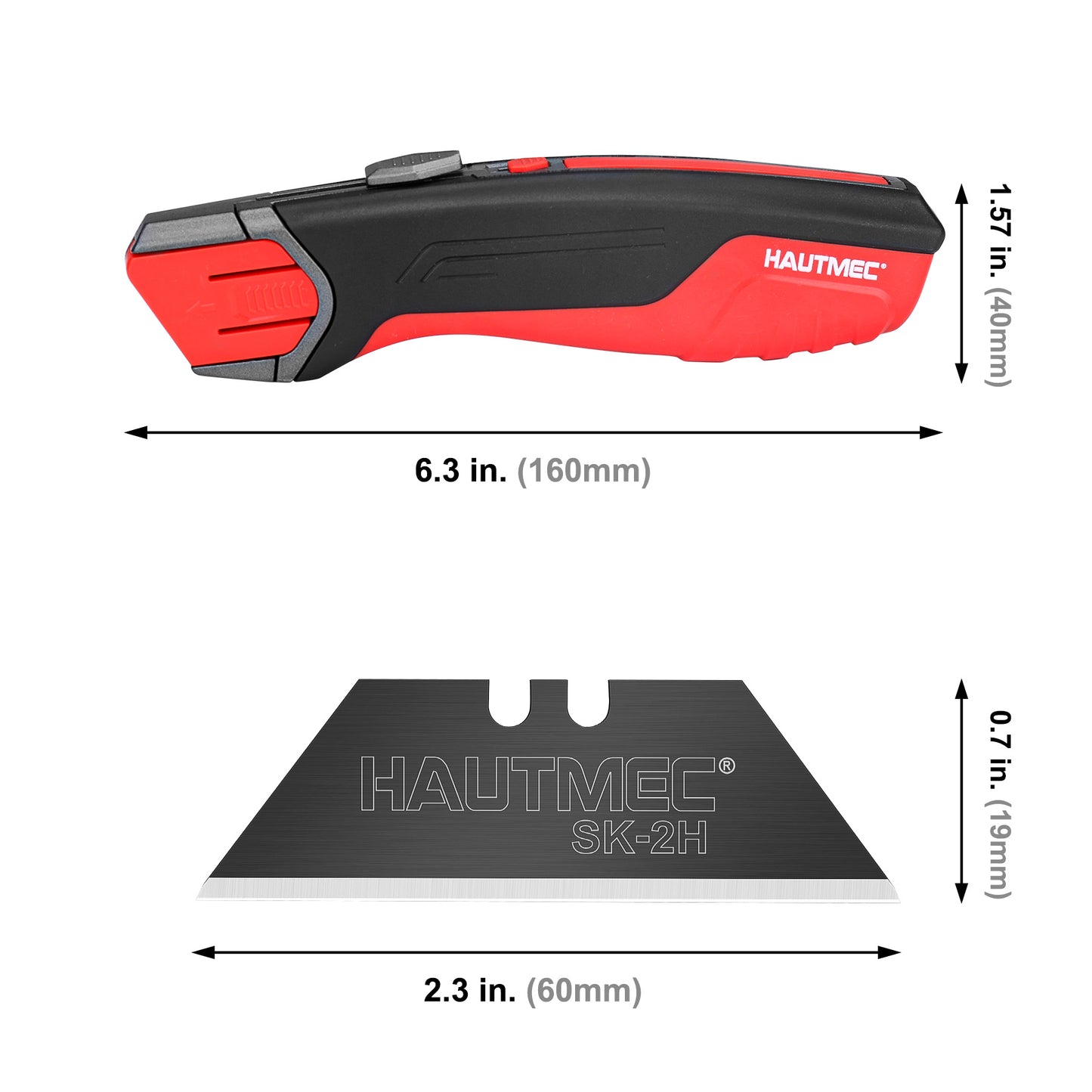 HAUTMEC Safety Self Retractable Utility Knife, Professional Heavy Duty Box Cutter With Extra 3 Black Sk2H Blades, Tool-free Blade Change, Safety Knife for Work HT0414-KN