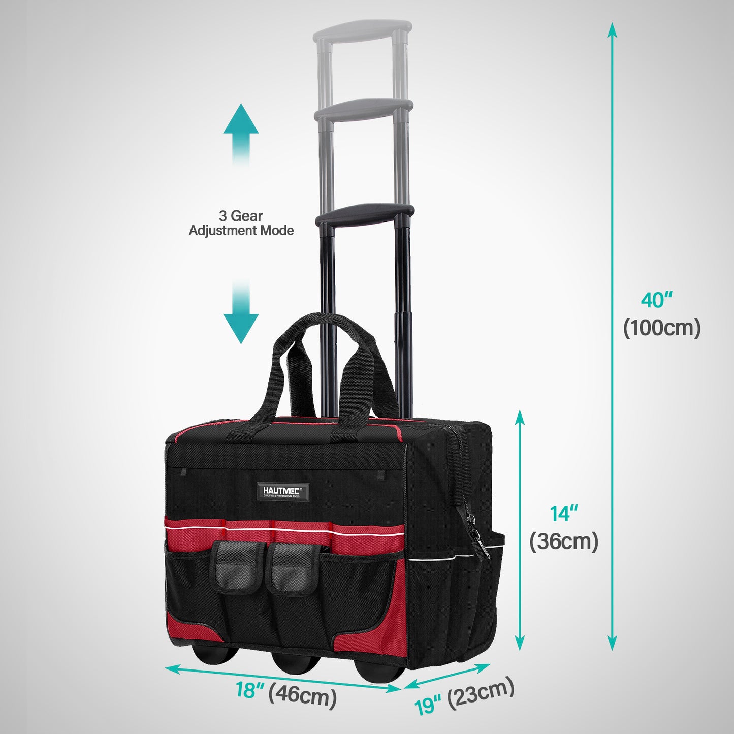 HAUTMEC 18" Rolling Tool Bag with Wheels, 23-Pocket Portable Tool Box Organizer with 600D Water-Resistant Fabric, Wide-Mouth Design, Oversized Wheels & Telescoping Handle - HT0059