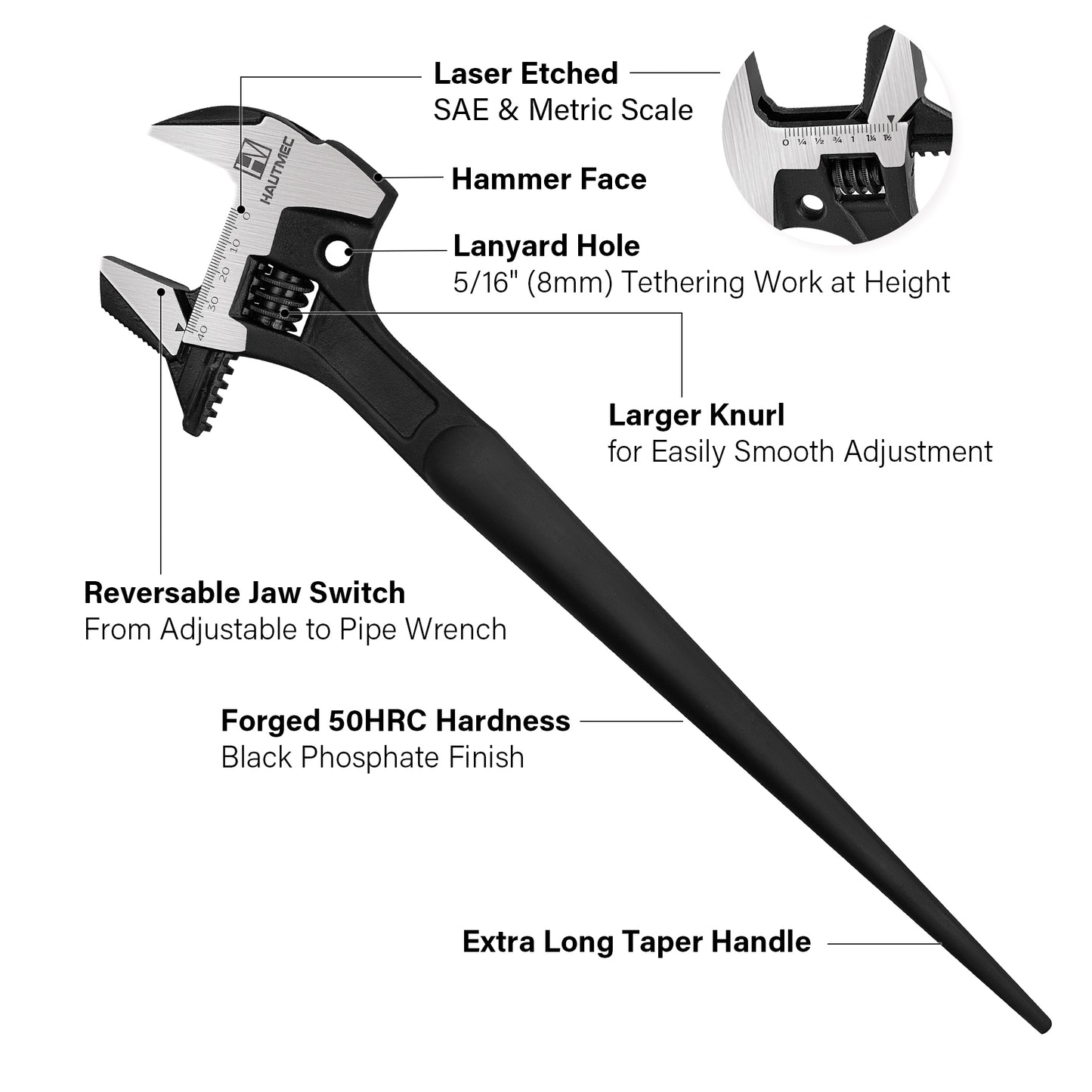 HAUTMEC 16inch Adjustable Spud Wrench, 4 in 1 Multifunctional Spud Wrenches, Adjustable Wrench and Hammer, Extra Wide Jaw Up to 1.6" (41mm) Metric & SAE Scale, Oxide Finish, for Garage Workshop DIY HTASM25015