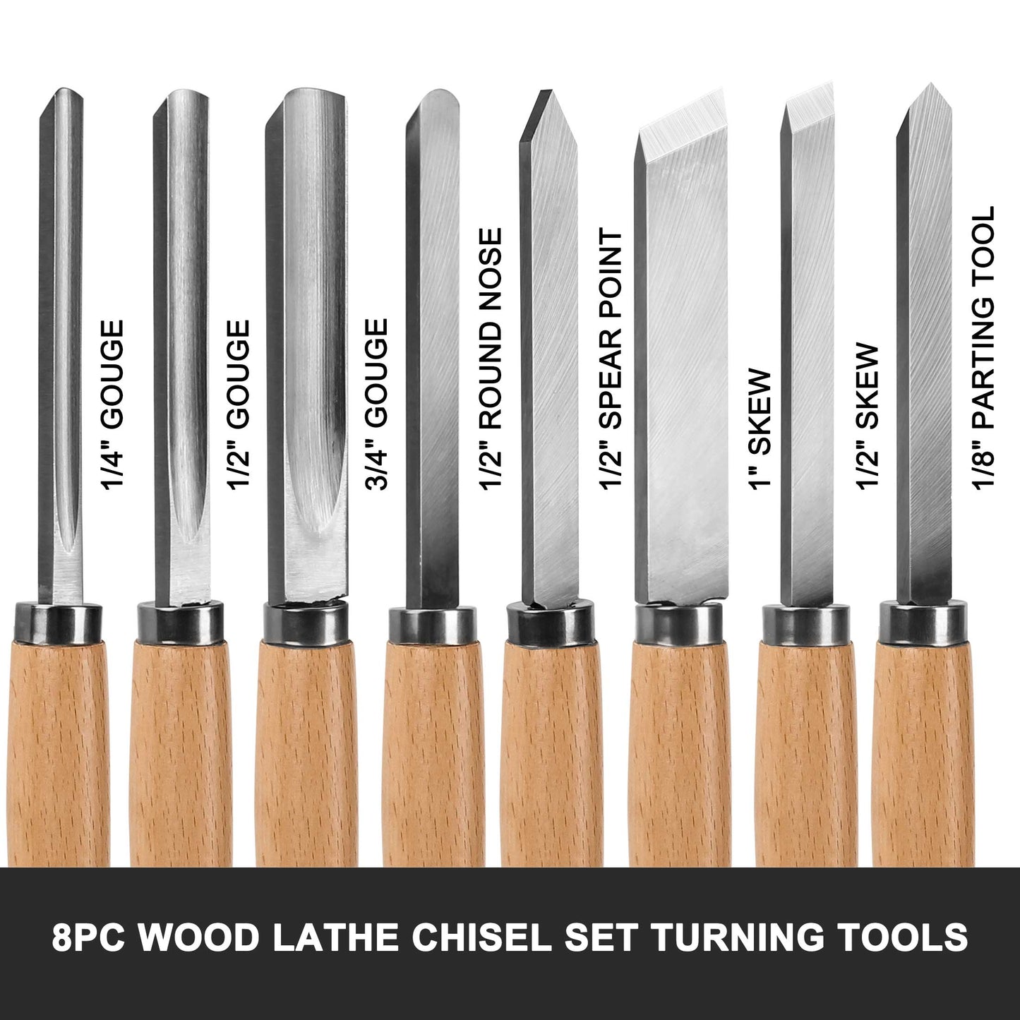 HAUTMEC Professional Wood Turning Chisel 8 pcs Set, Lathe Chisel Set with 2 Skew 1 Spear Point 1 Parting 1 Round Nose & 3 Gouge Tools for Beginners, Hobbyists and Professionals HT0237-WW