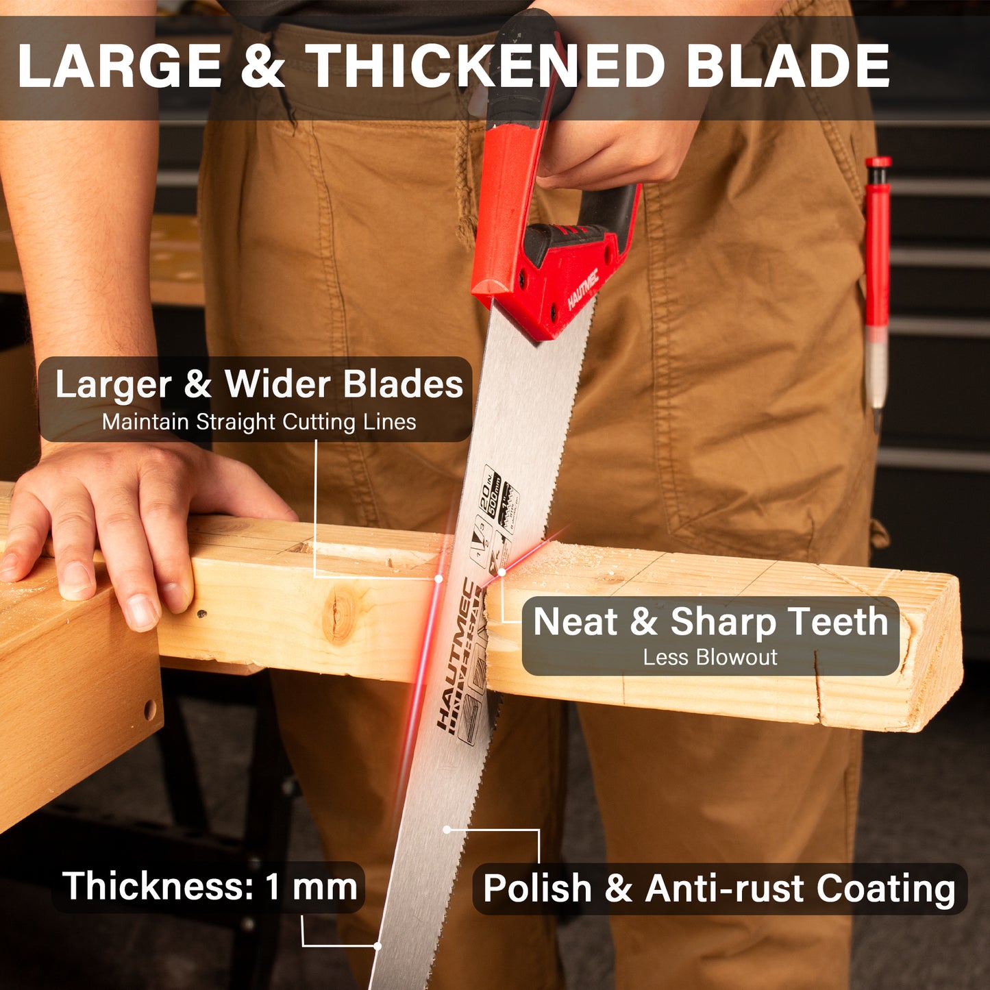 HAUTMEC 14-Inch X-Sharp Pro Hand Saw, Universal Wood Saw with 12 TPI Triple Ground Teeth, Thickened Carbon Steel Blade & Ergonomic Handle, Multi-Use Handsaw for Wood, Plastic, Drywall, PVC – HT0295