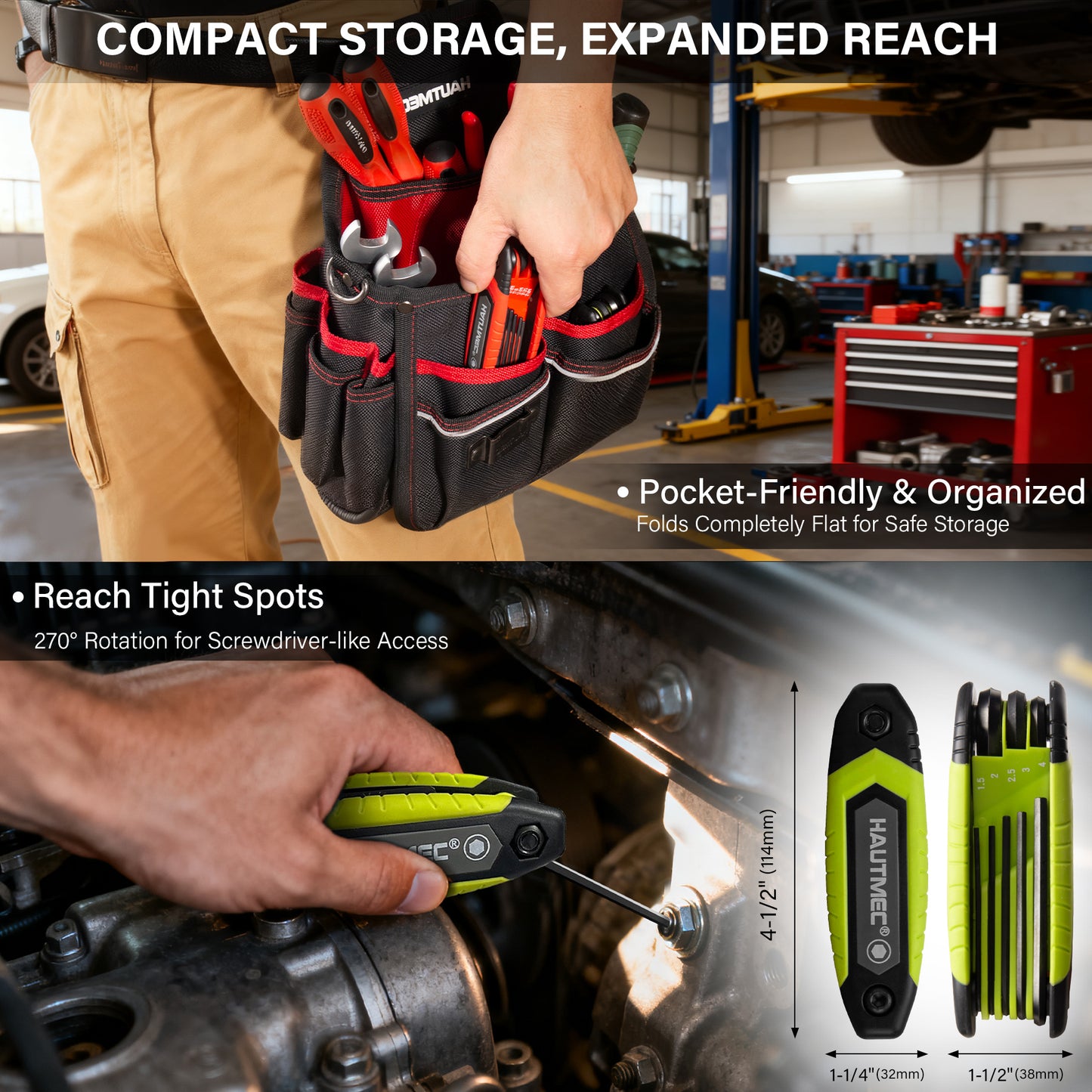 HAUTMEC 17PCS Folding Allen Wrench Set, Compact SAE & Metric Hex Key Set, Color-Coded Non-Slip Grip Allen Key Set, Heated Treated CR-V Steel Hex Wrench Sets, for Bike, Motorcycle & Machinery Repair HTHKH25041