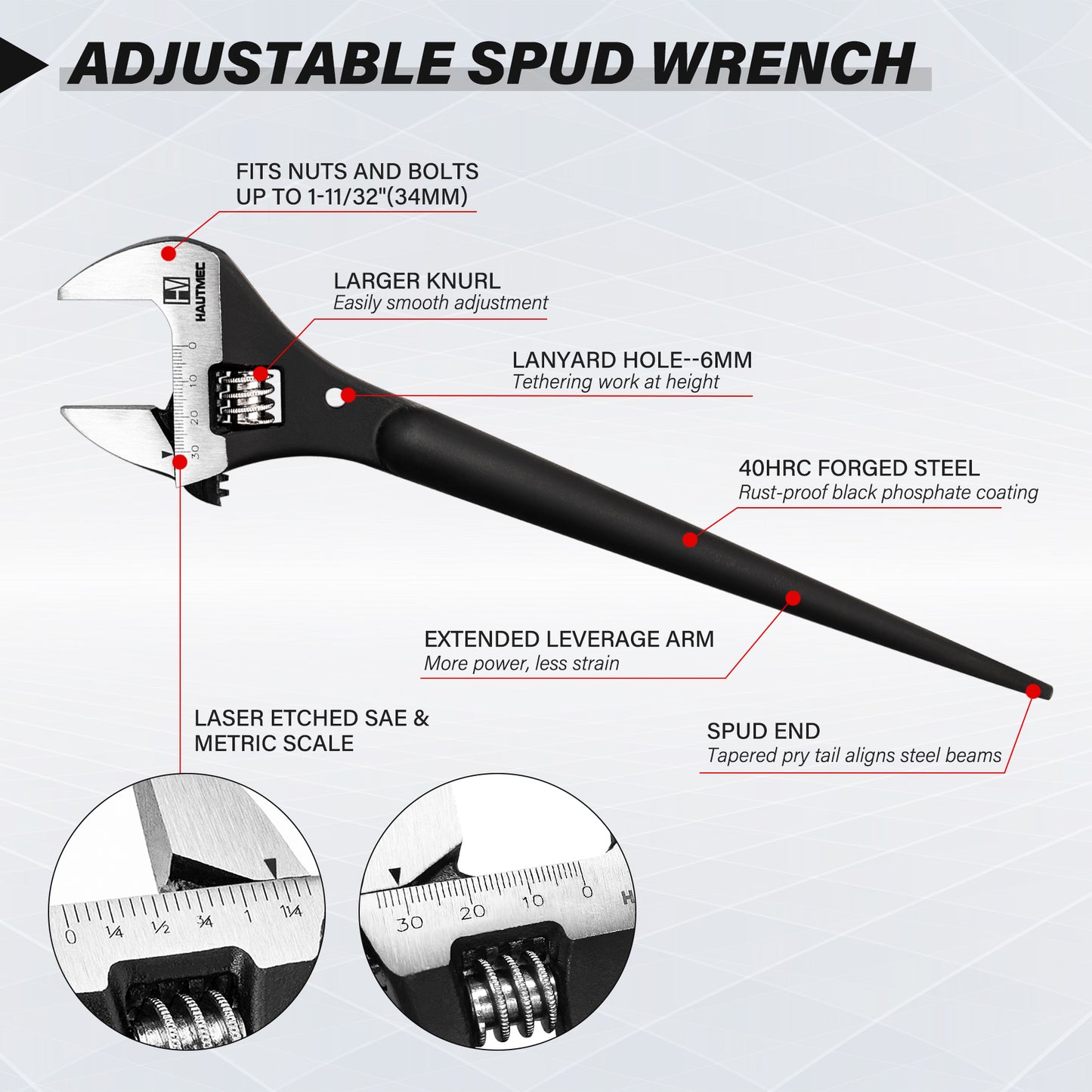 HAUTMEC 12inch Spud Ratchet Wrench Set(3 PCS), Includes 3/4" x 7/8" Dual Socket Scaffold Ratchet Wrench with Claw Pry Bar & Hammer Function, 3/8" x 1/2" Dual Head Ratchet, and Adjustable Spud Wrench HTASM25020