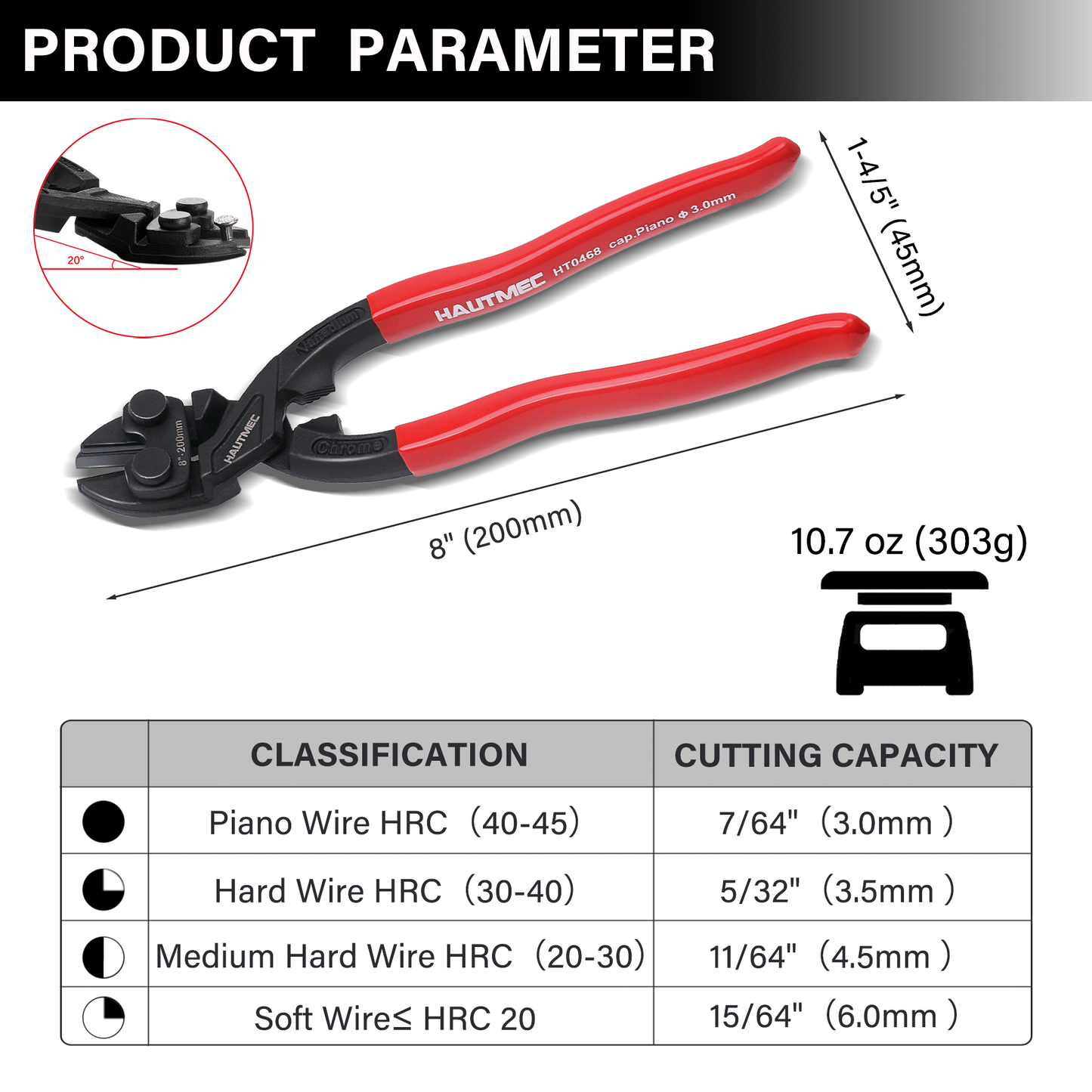 HAUTMEC 8 Inch High Leverage Bolt Cutter Plier Set, 8" Bolt Cutter, 8" Flush Cutter, High Leverage, CRV Blade, Flush cutting for Locks, Bolts,Wires, Cables, Rivets, and Chains, HT0469