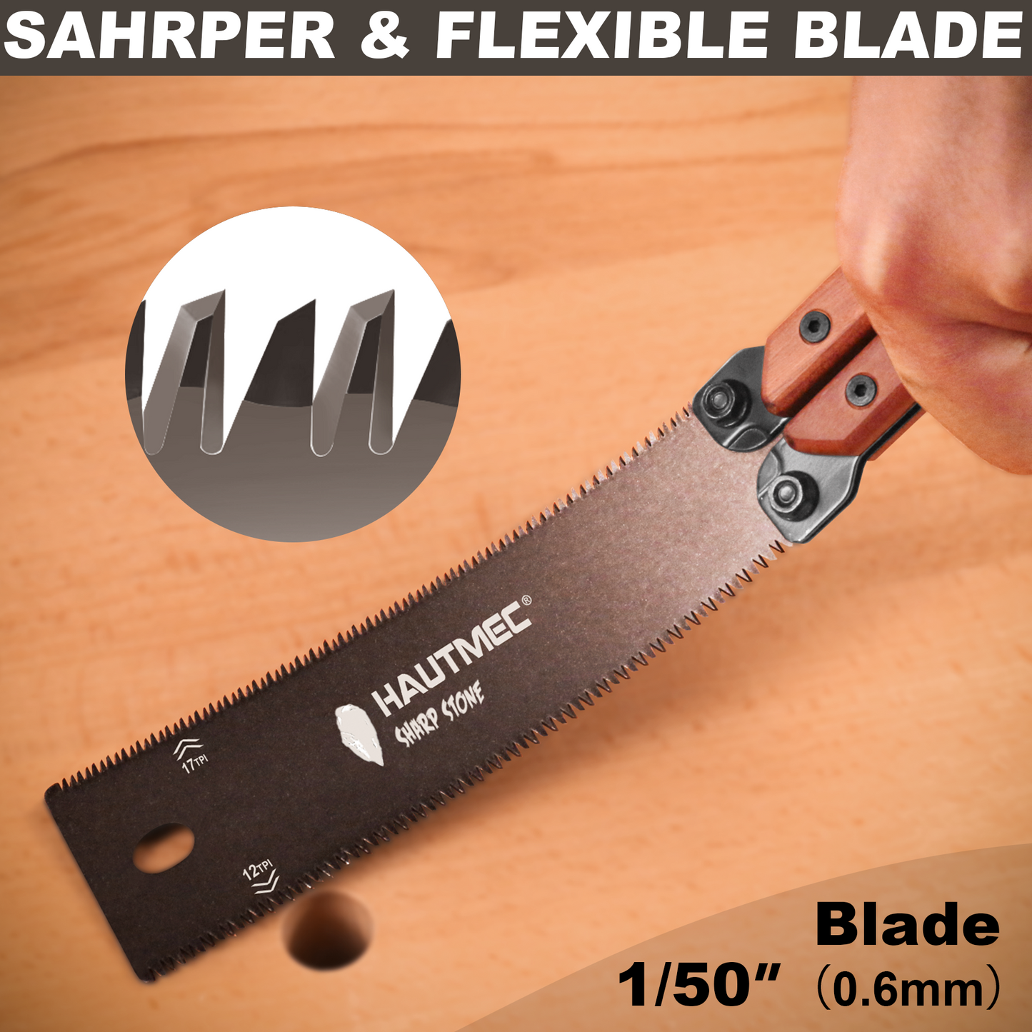 HAUTMEC 6-Inch Japanese Pull Saw, Double-Edged Folding Hand Saw with SK5 Flexible Blade (12/17 TPI), Beech Handle, Flush Cut Woodworking Tool with Portable Drawstring Pouch – HT0446