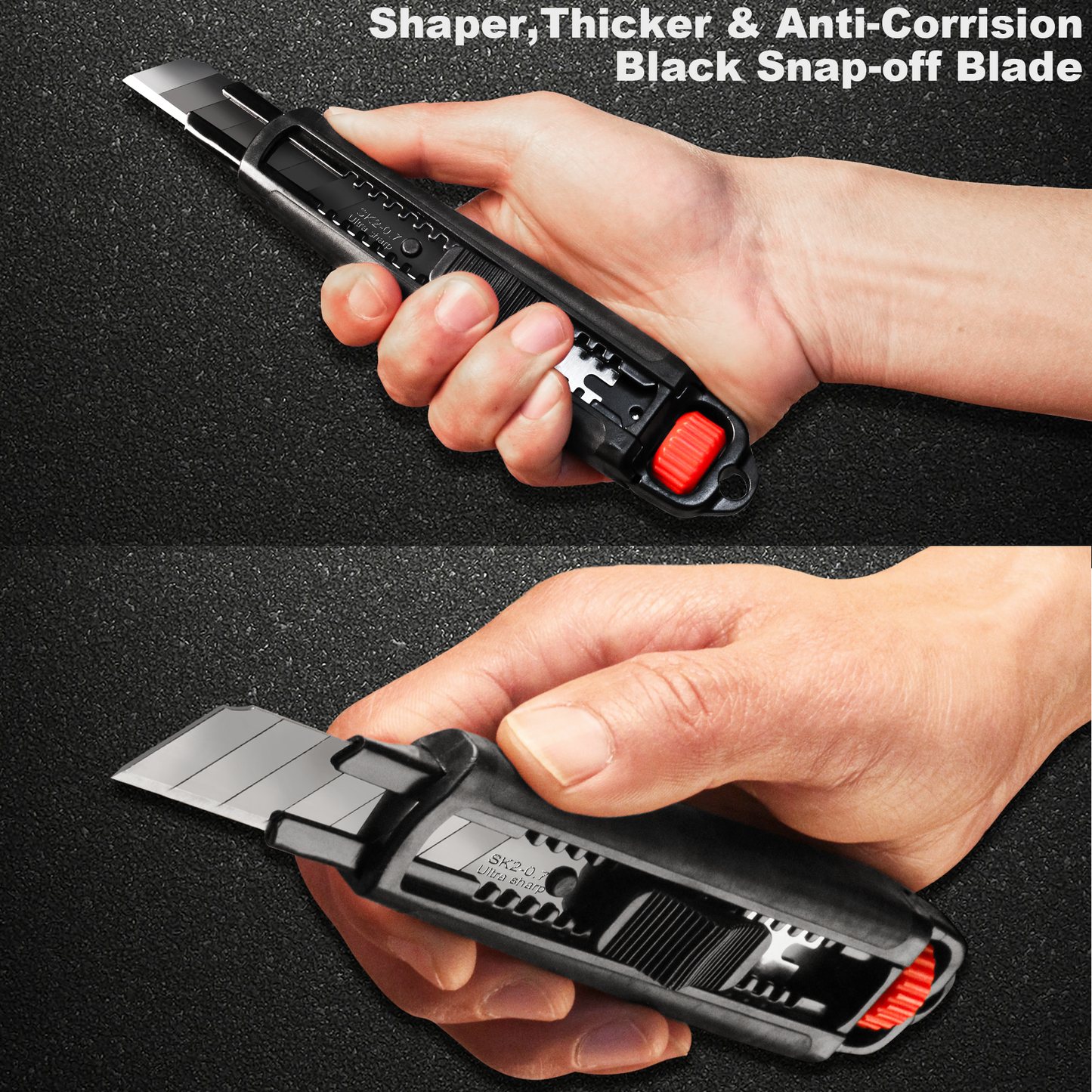 HAUTMEC 2PCS HAUTMEC 18mm Extra Heavy Duty Utility Knife with Double Lock Mechanism, Auto-Lock and Ratchet- Lock for Double Safety, SK2 Sharp Black Blade for Industrial or Construction Applications HT0136-2PC