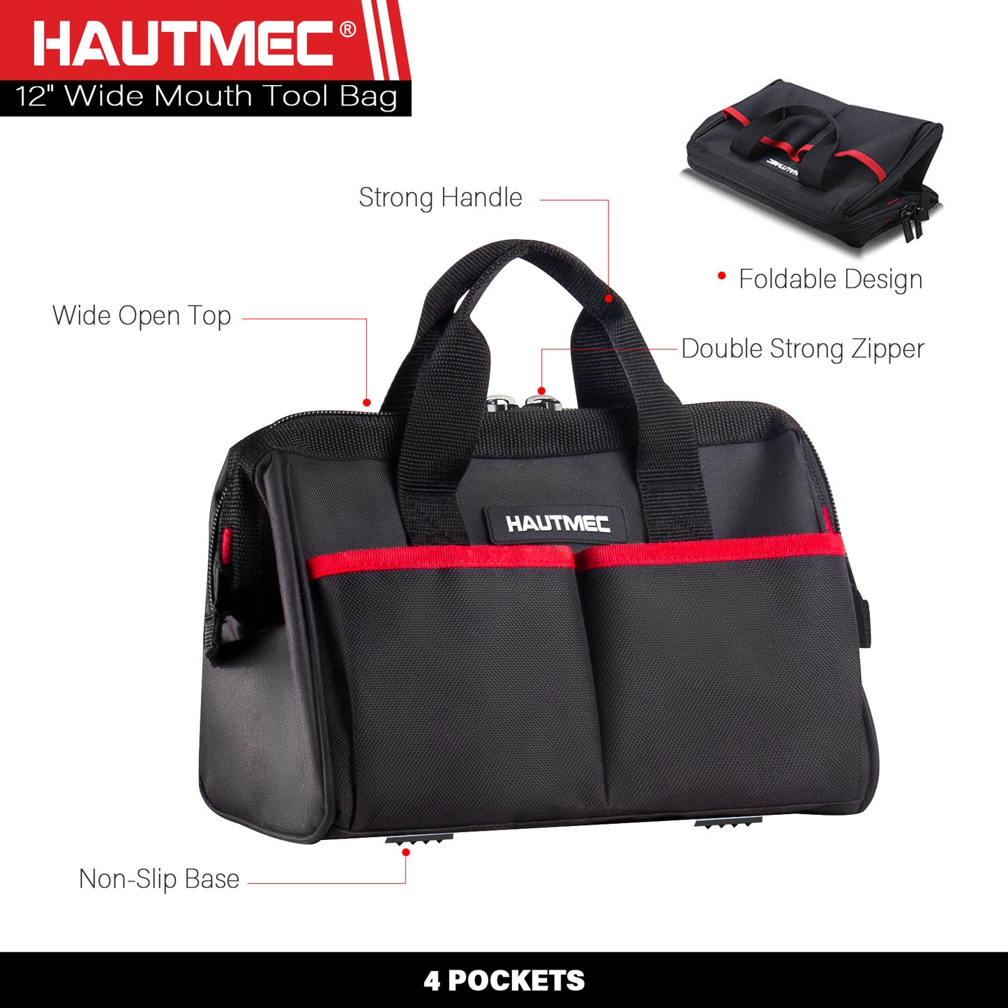 HAUTMEC 3 Piece Heavy-Duty Rolling Tool Bag Set, 18” Wheeled Tool Bag, 15” Electrician Tool Tote & 12” Wide Mouth Bag, 1680D Oxford Fabric Portable Tool Storage – HTTBM25006