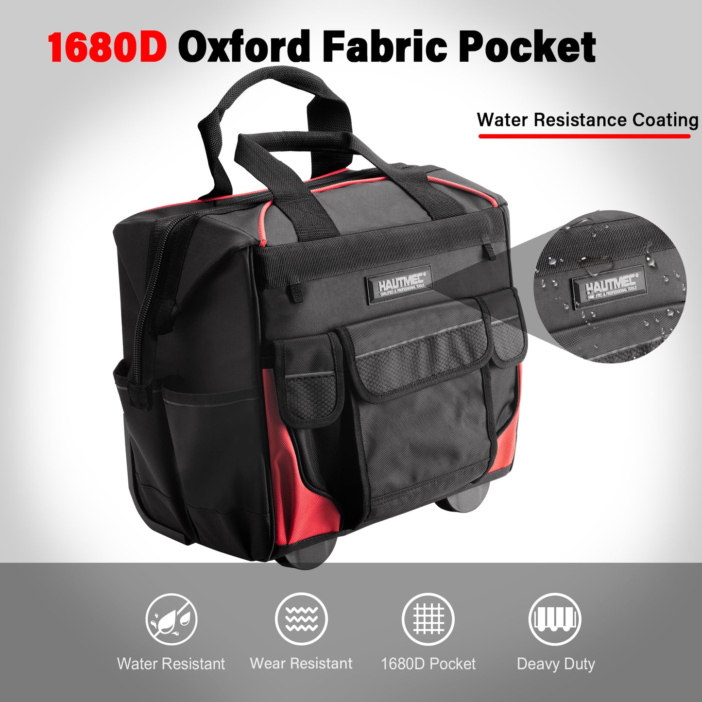 HAUTMEC 14.5" Rolling Tool Bag with Wheels, 25-Pocket Portable Tool Box Organizer with 600D Water-Resistant Fabric, Wide-Mouth Design, Oversized Wheels & Telescoping Handle - HT0179