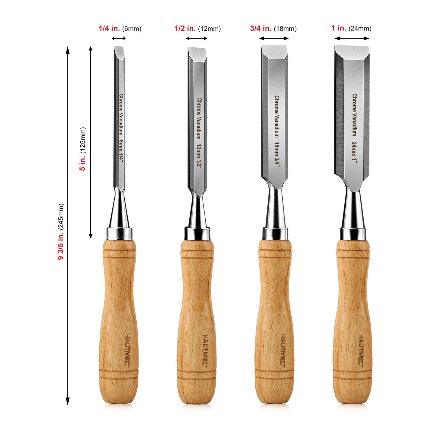 HUATMEC Wood Chisels Set of 4, Carbon Steel Beveled Edge Blade, Beech Handle for Woodingworking and Carving HT0315