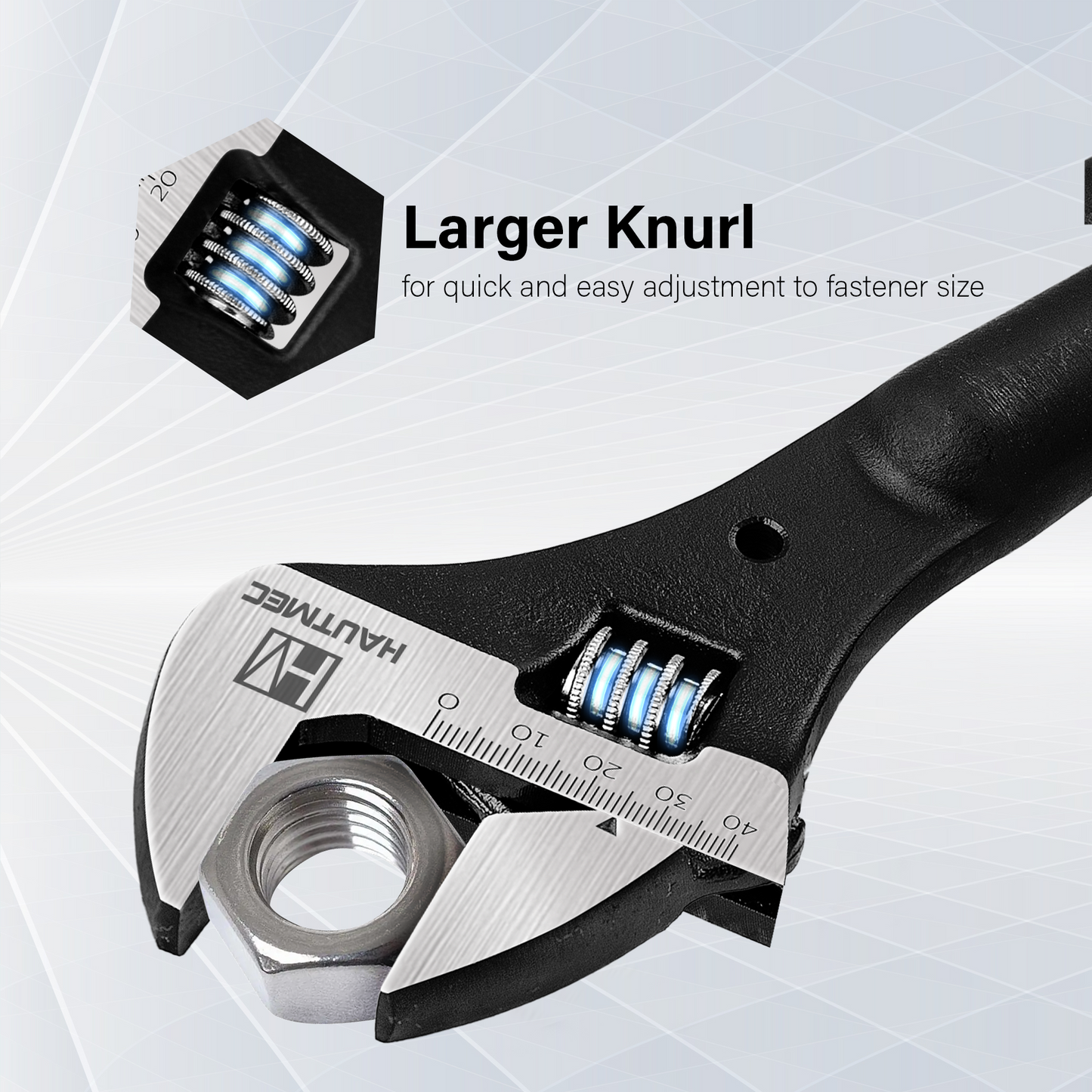 HAUTMEC 10inch Adjustable Spud Wrench, Wide Jaw Up to 1-3/16"(30mm), Adjustable Spud Wrenches with Tail Pry Bar Features, Black Oxide Finish, Forged CR-V Steel Metric & SAE Scales with Tether Hole HTASM25016